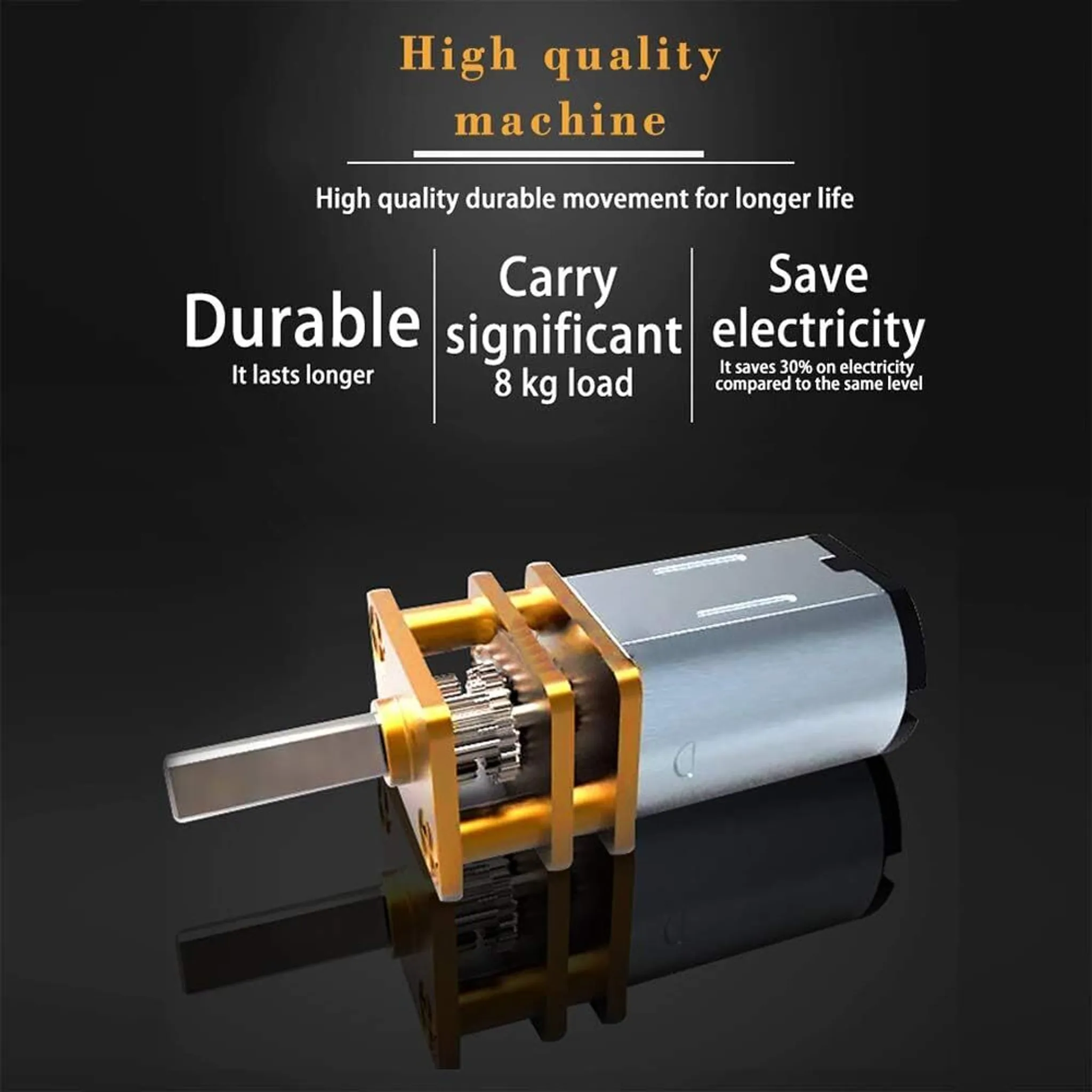 Ein hochwertiger Motor mit Zahnrädern, der als langlebig, 8 kg tragend und energiesparend beschrieben wird.