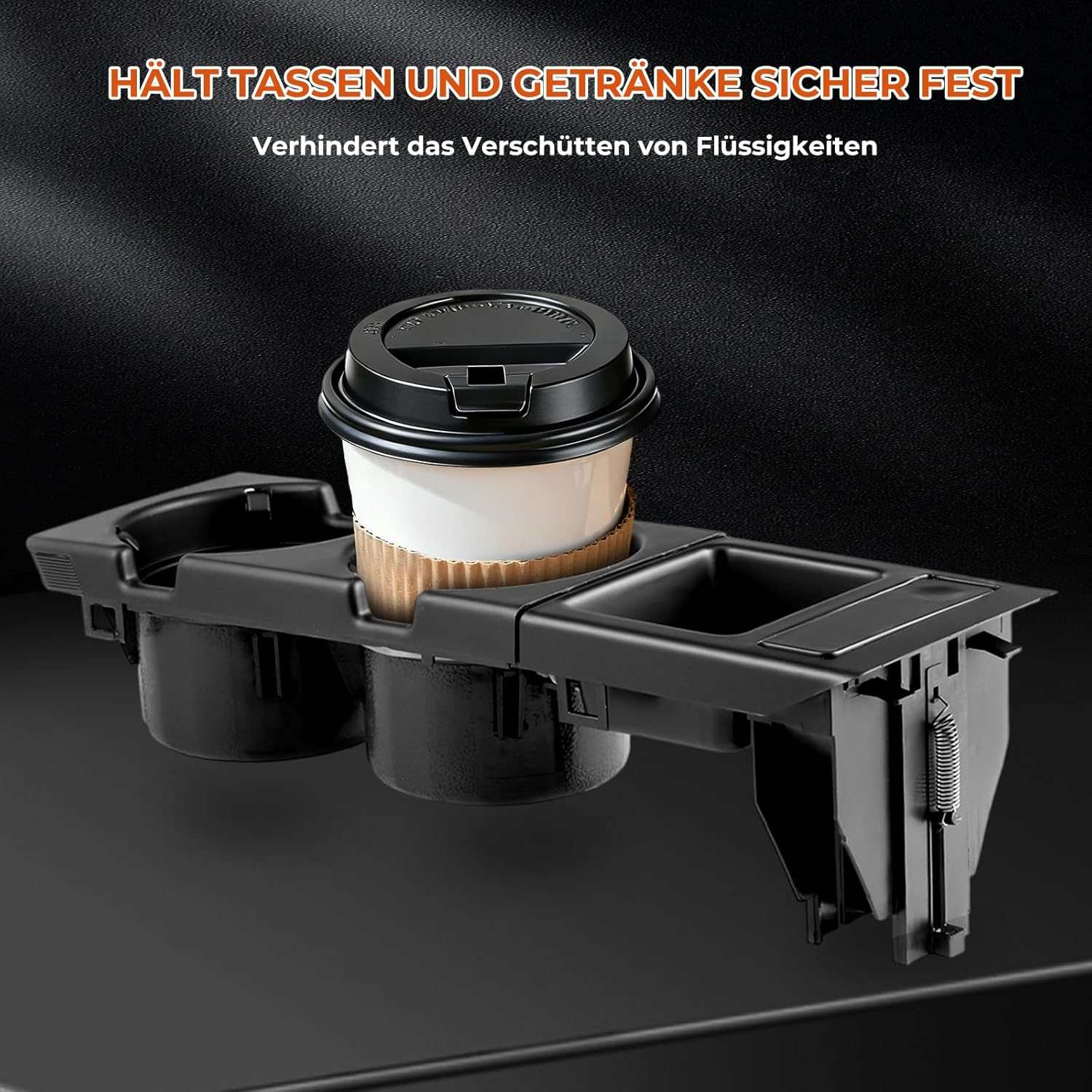 Schwarzer Getränkehalter für Autos mit einer Tasse Kaffee.