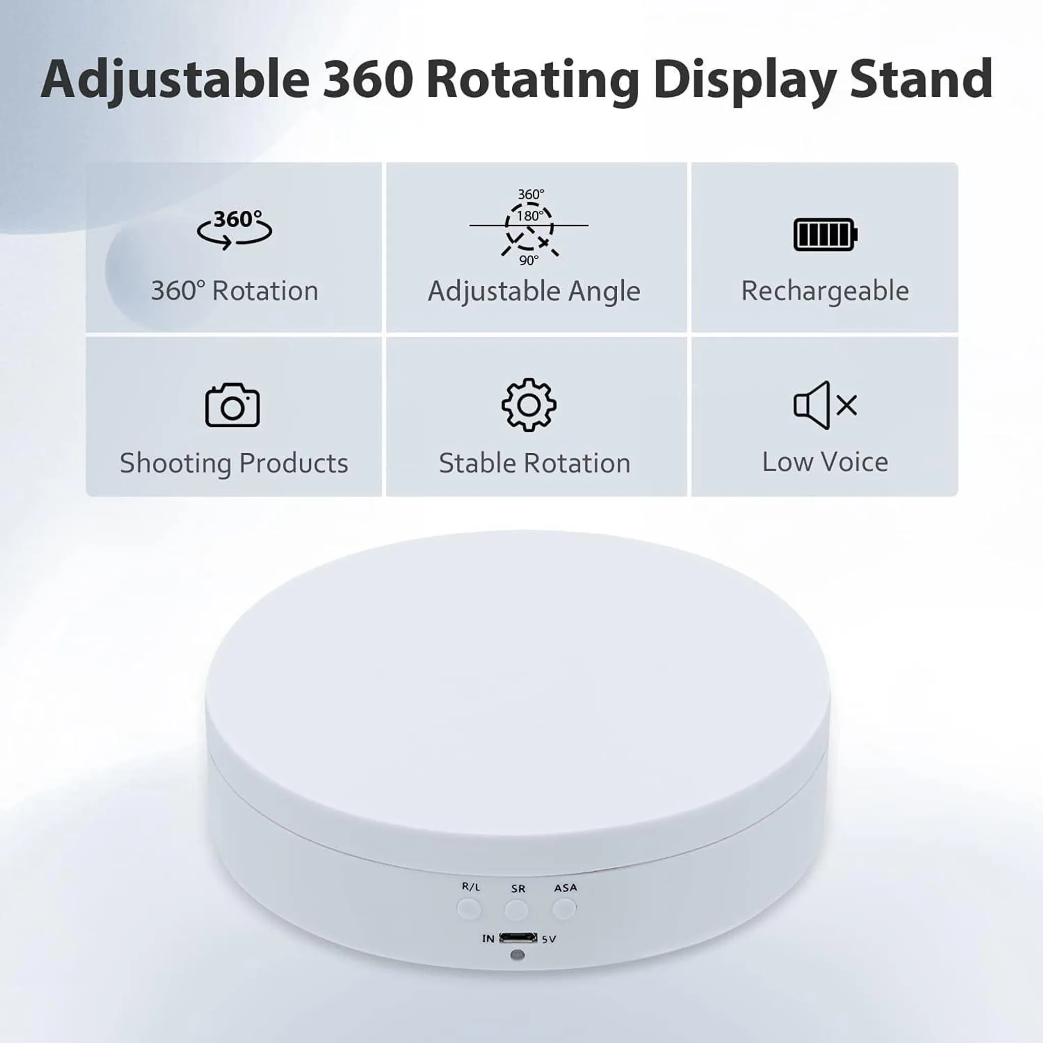 Weißer 360-Drehständer mit Symbolen für Drehung, Winkel, Aufladen, Aufnahmen, Stabilität und geringe Lautstärke.