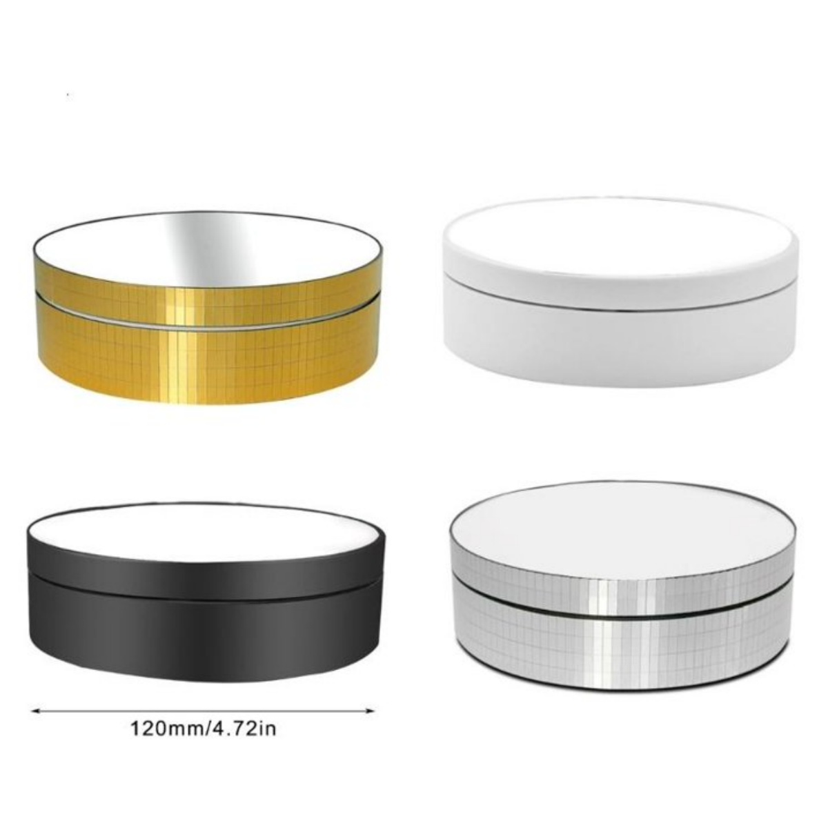 Vier rotierende Displays: gold, weiß, schwarz und silber, mit Größenanzeige.