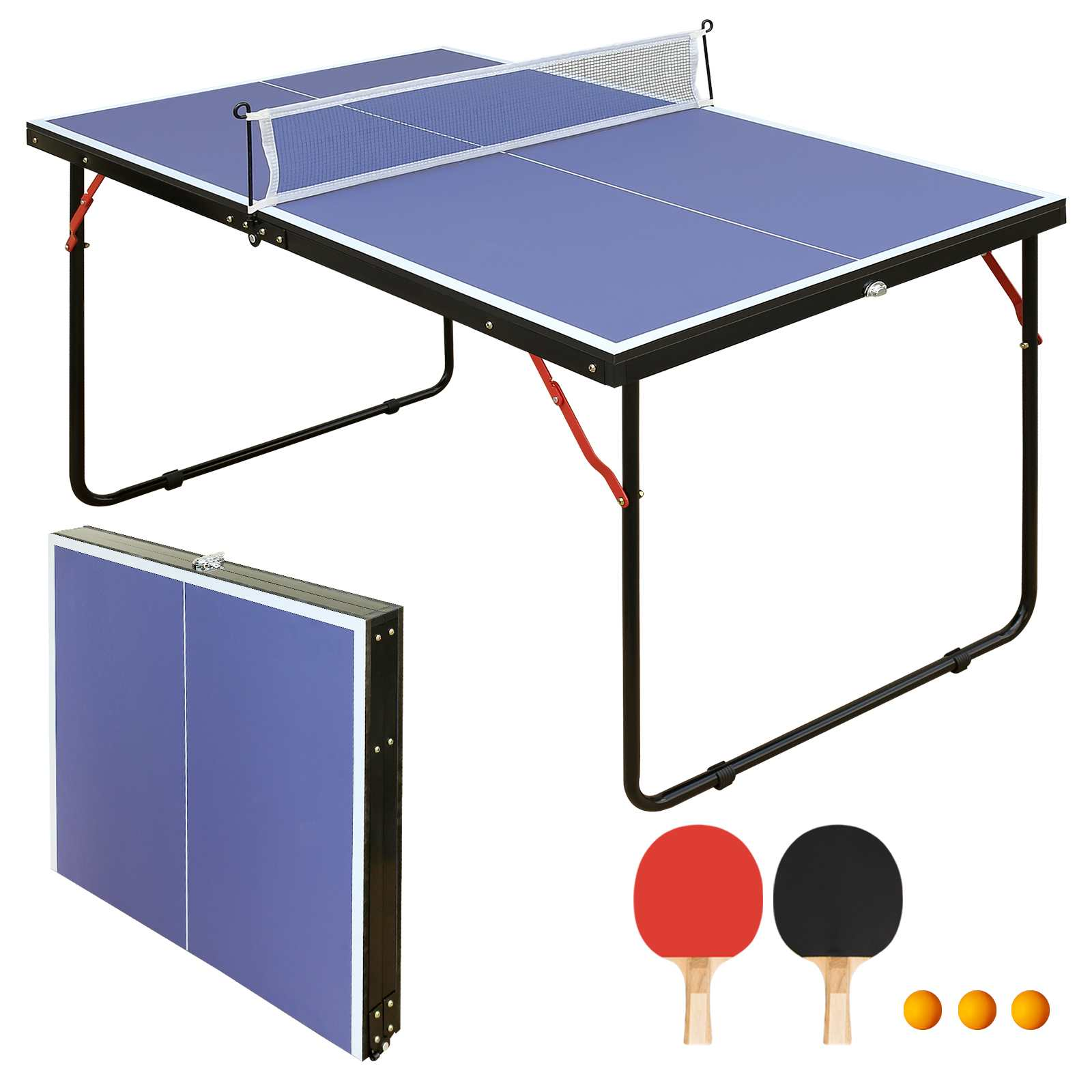 Ein blauer Tischtennistisch mit Netz, zwei Schlägern und drei Bällen.