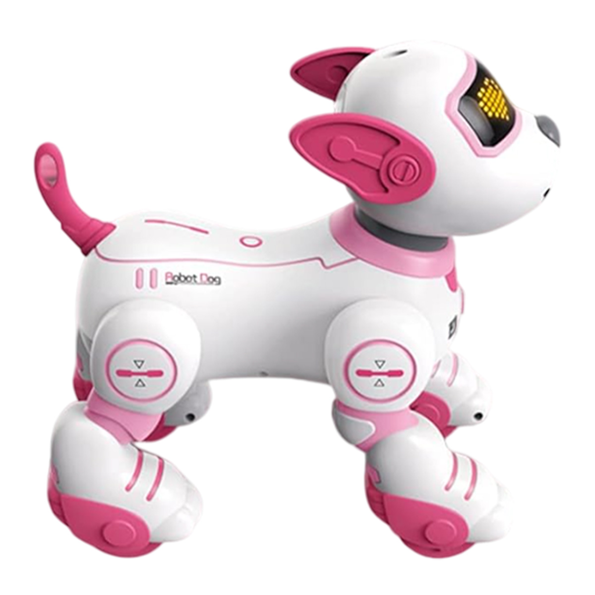 Ein weißer und pinker Roboterhund Spielzeug mit gelben LED-Augen steht auf weißem Hintergrund.