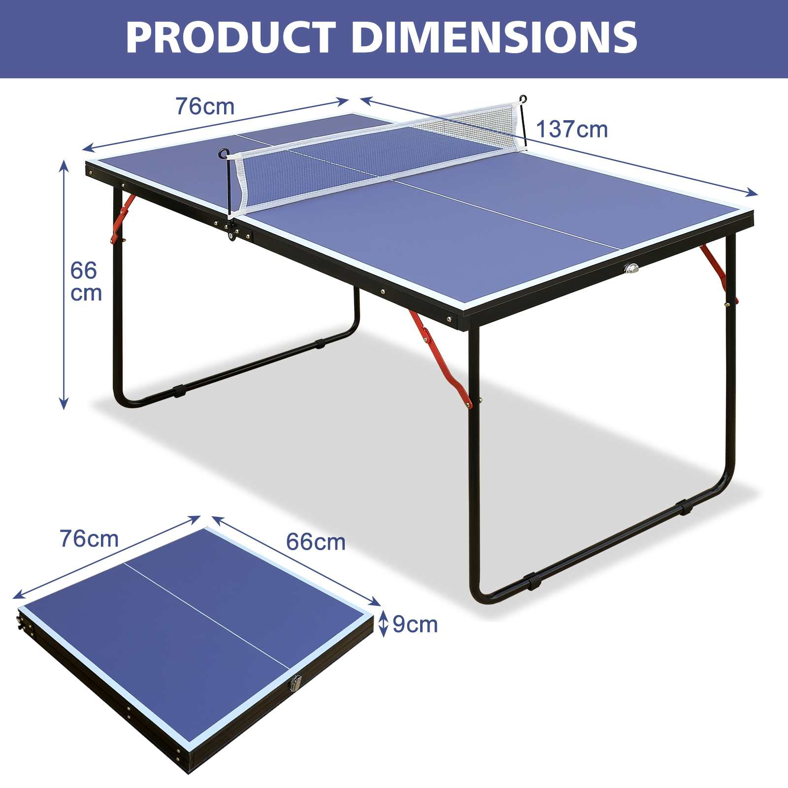Blauer Tischtennis-Tisch mit Maßen: 137cm L, 76cm B, 66cm H. Zusammengeklappt: 76x66cm, 9cm dick.