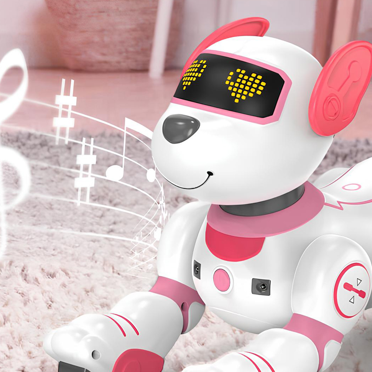Weißer Roboterhund mit rosa Ohren und Kragen, auf einem Teppich, mit Musiknoten.