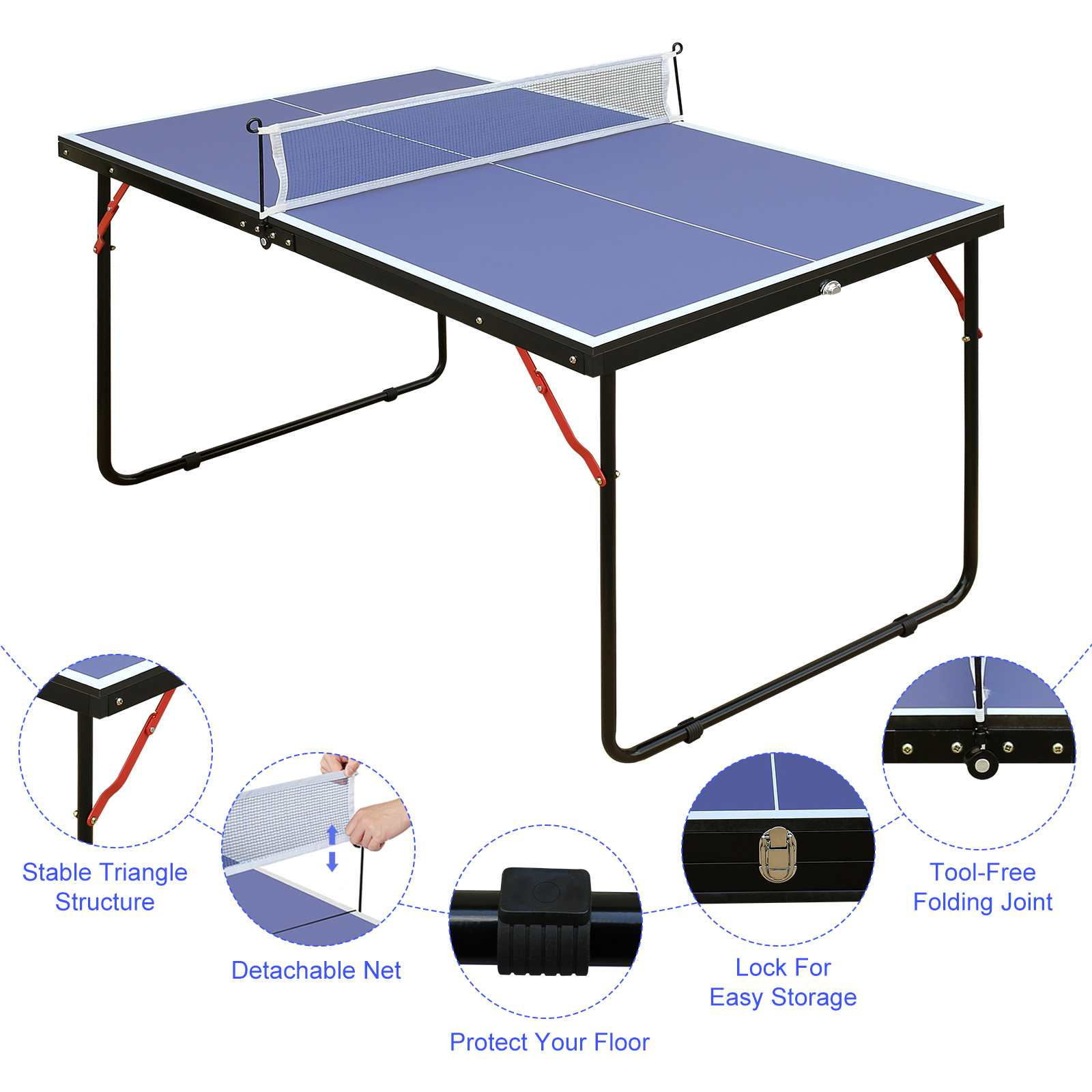 Ein faltbarer blau-schwarzer Tischtennis-Tisch mit Netz und Detailaufnahmen seiner Funktionen.