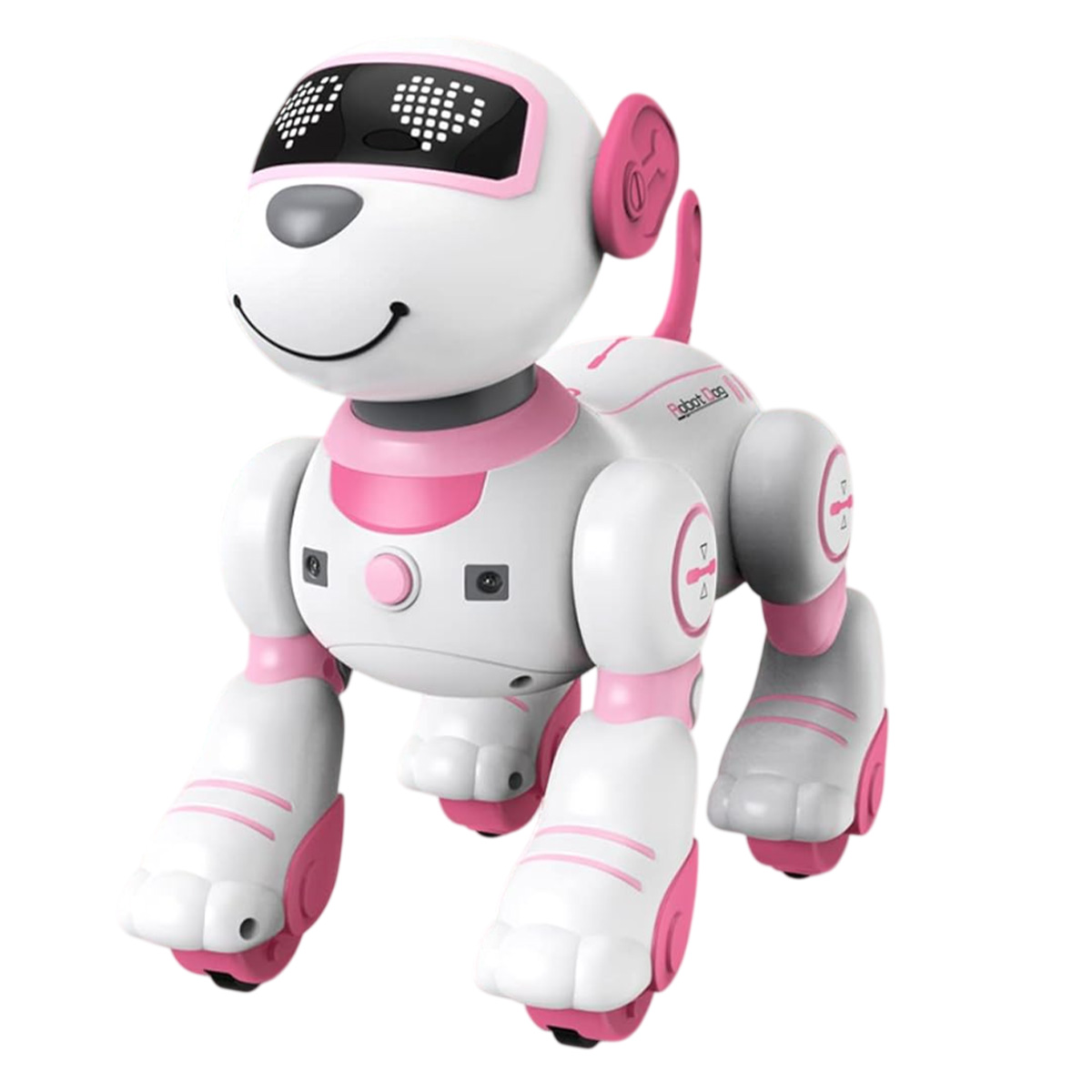 Ein weißer Roboterhund mit rosa Akzenten und LED-Augen steht auf weißem Grund.