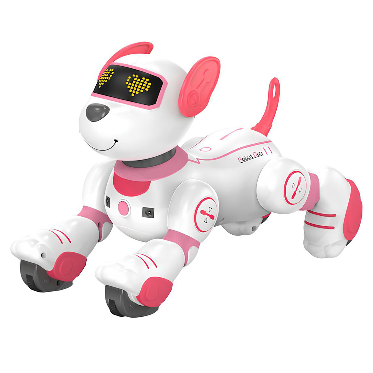 Ein weißer Roboterhund mit rosa Akzenten, LED-Augen und Rädern für Bewegung.