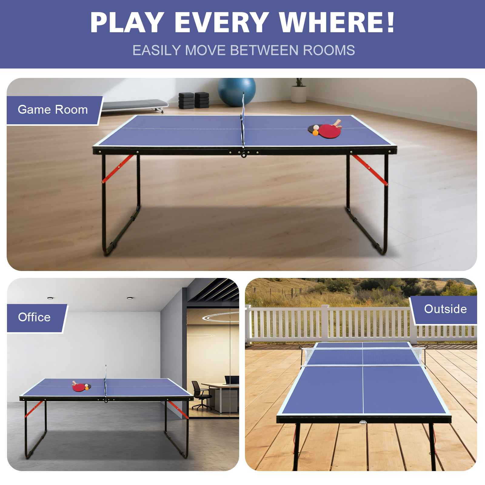 Zusammenklappbarer blauer Tischtennis-Tisch in Spielzimmer, Büro und draußen.