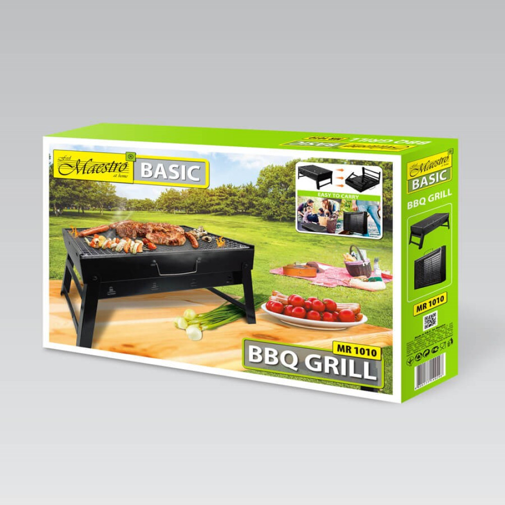 Opakowanie Maestro BASIC BBQ Grill przedstawia grill z jedzeniem, pomidorami i cebulą.