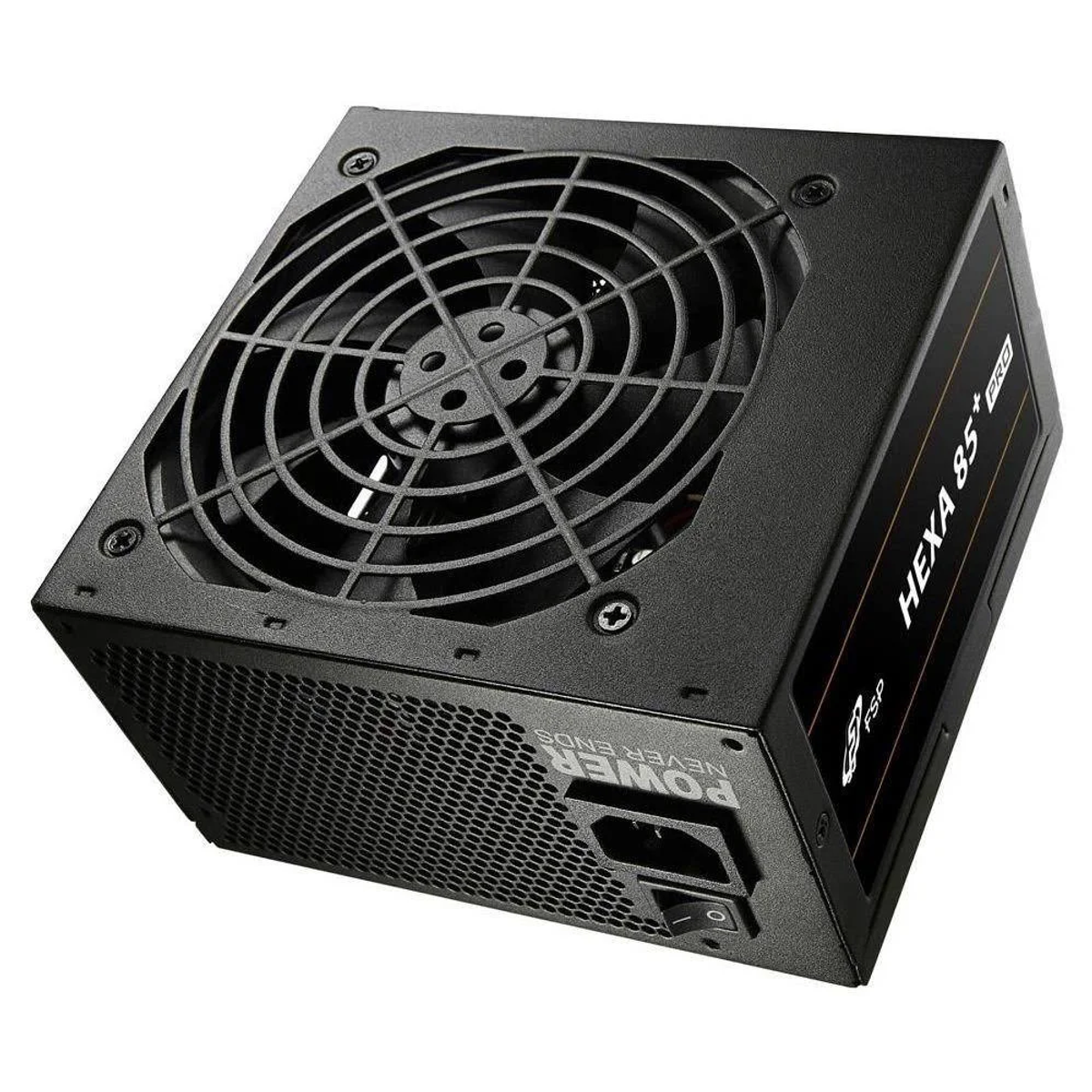 Czarny zasilacz komputerowy z kratką wentylatora i przełącznikiem.