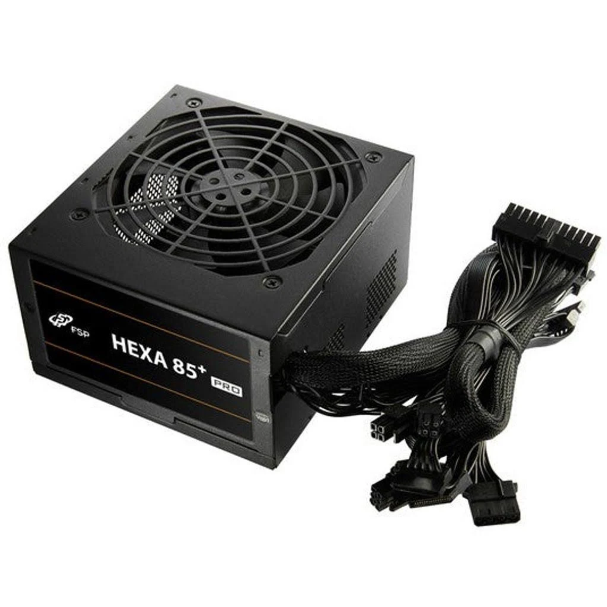 Czarny zasilacz komputerowy z wentylatorem i kablami, oznaczony FSP HEXA 85+ PRO.