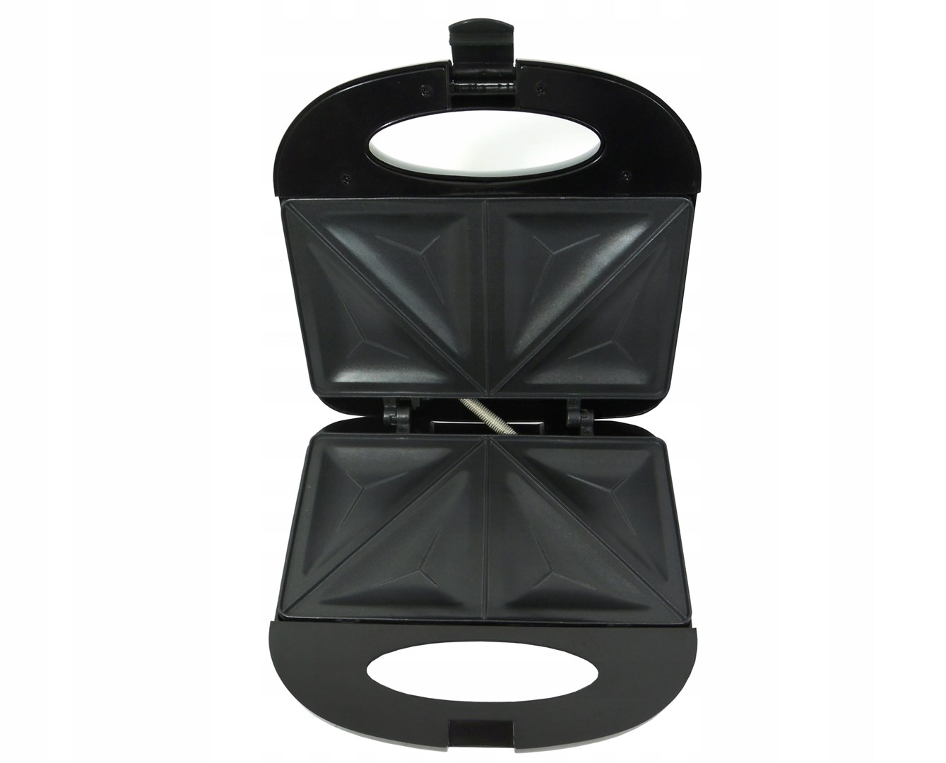 Czarny otwarty opiekacz do kanapek na białym tle.