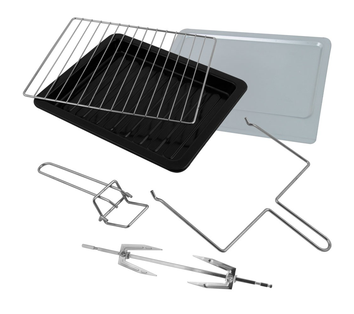 Akcesoria do piekarnika: ruszt, blacha, rożen obrotowy i widelczyki na białym tle.