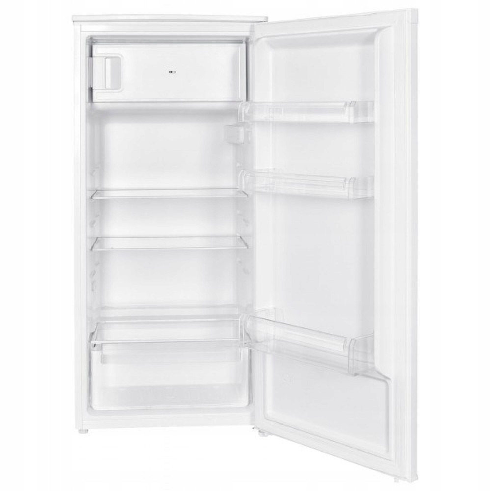 Pusta biała lodówka z otwartymi drzwiami i przezroczystymi półkami.