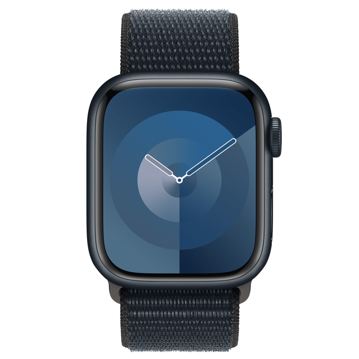 A dark gray smartwatch with a dark blue watch face and a dark fabric band.