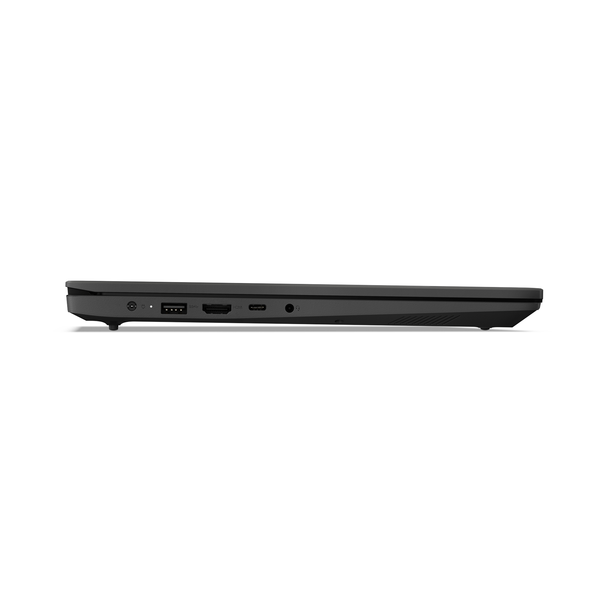 Vista laterale di un laptop nero che mostra le porte: alimentazione, USB, HDMI e jack per cuffie.