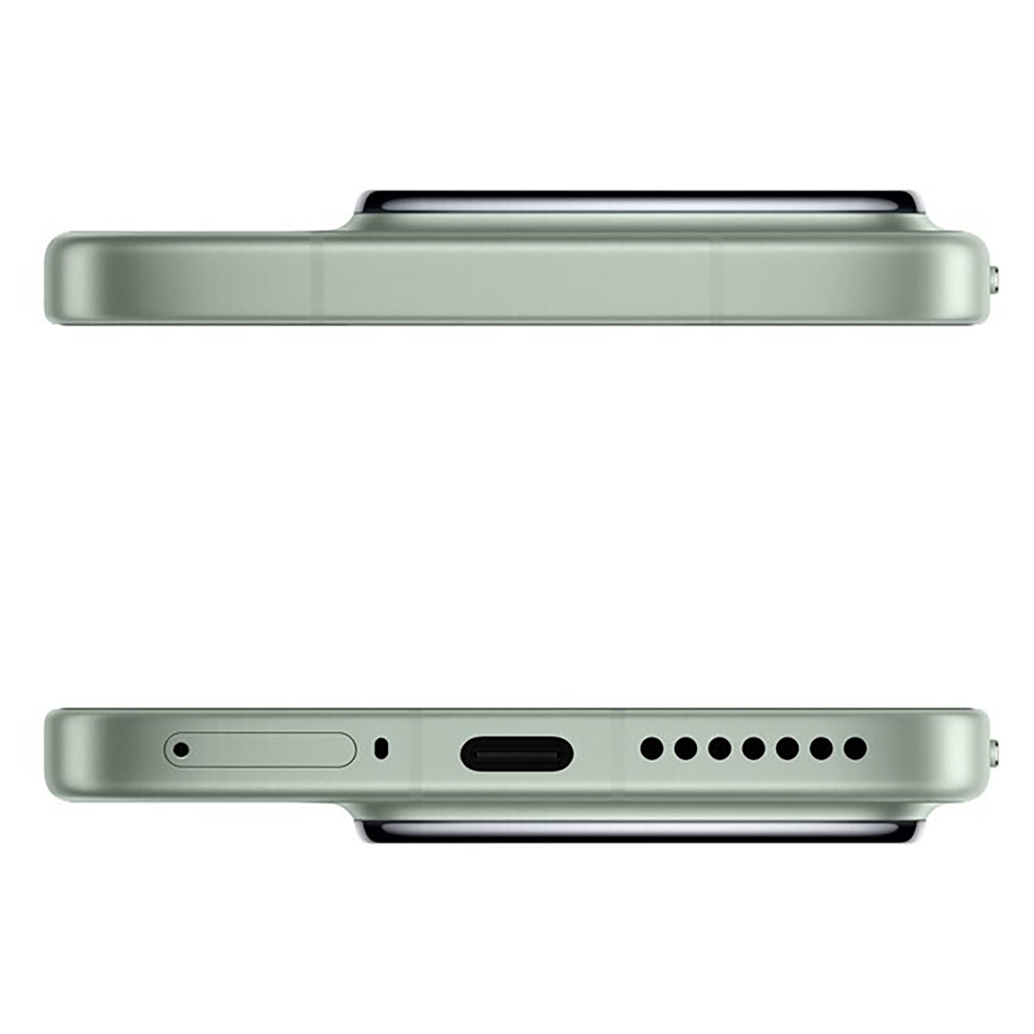 Top and bottom view of a light green smartphone, showing ports and buttons.