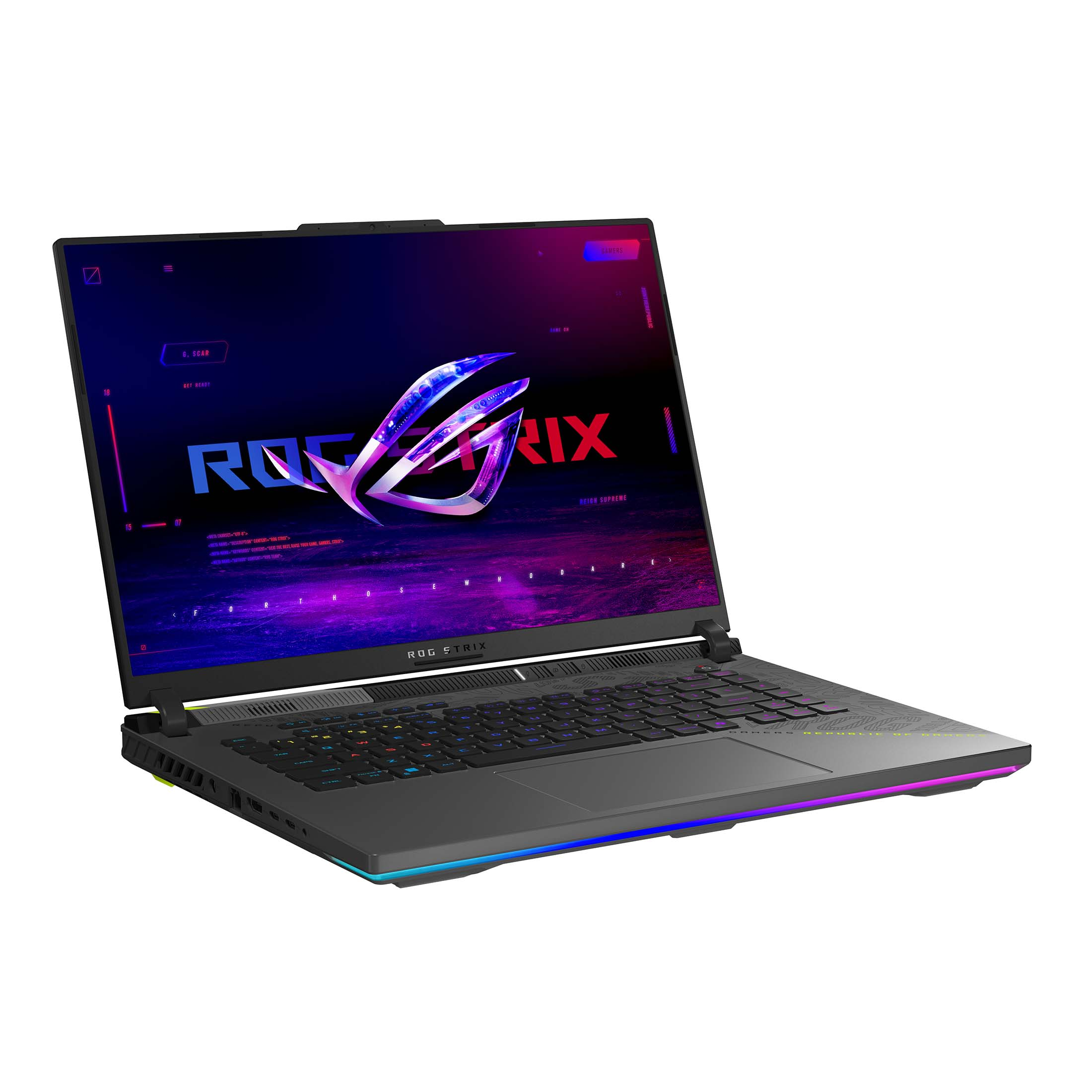 Ein schwarzer ROG Strix Laptop mit RGB-Beleuchtung auf Tastatur und Rändern.