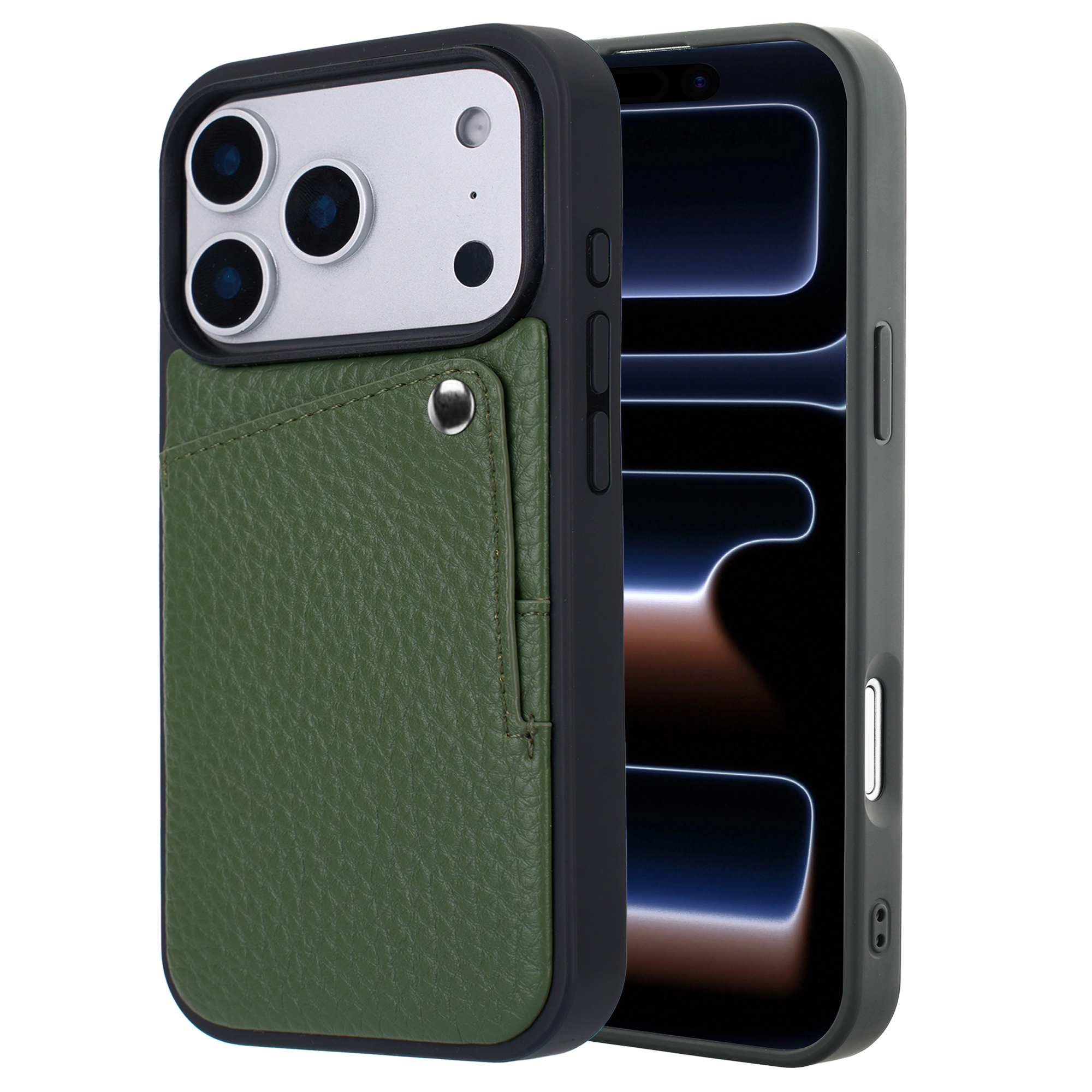 Coque de téléphone verte avec porte-cartes et module caméra, sur fond blanc.