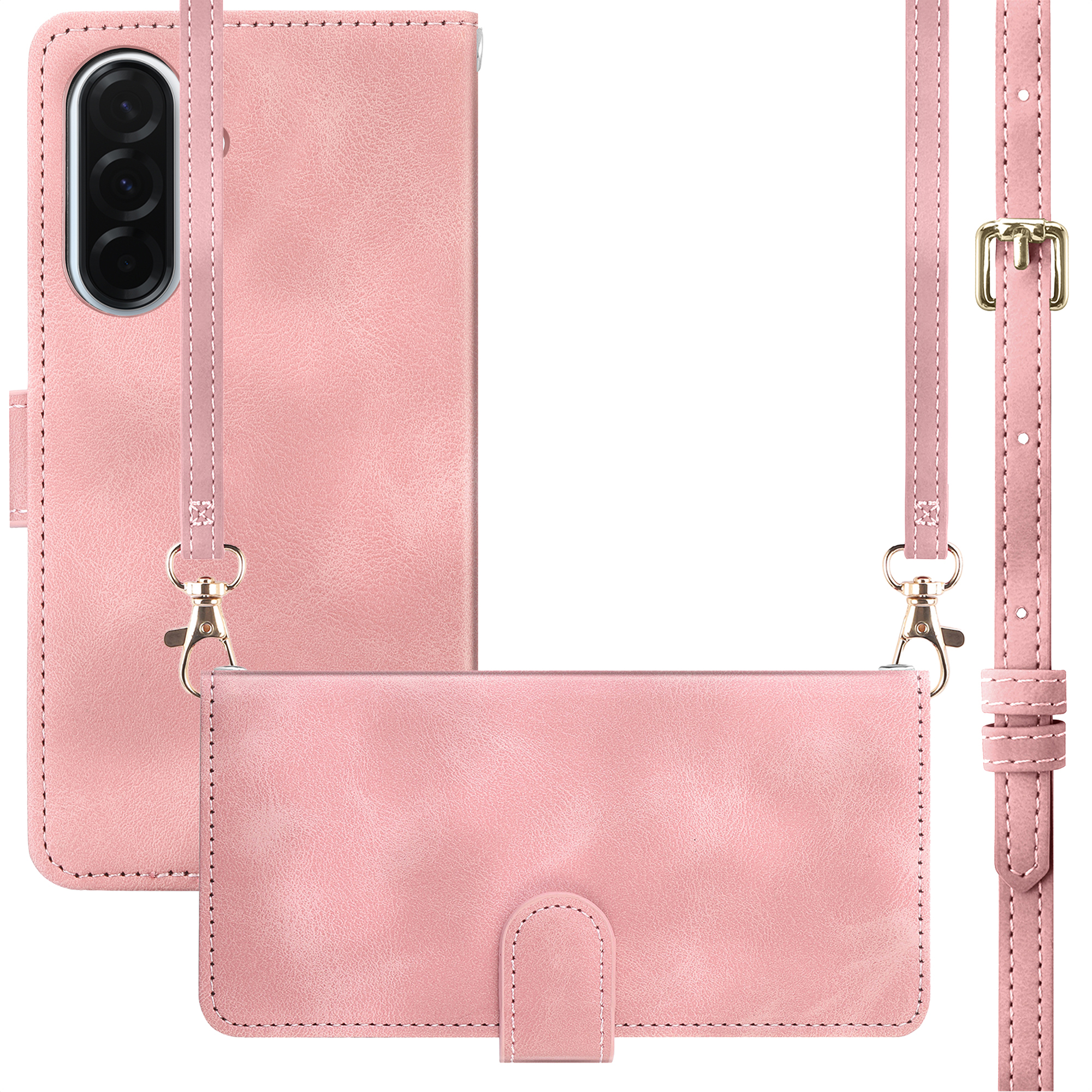 Een roze lederen telefoonhoes met bandje en gouden gesp wordt getoond.