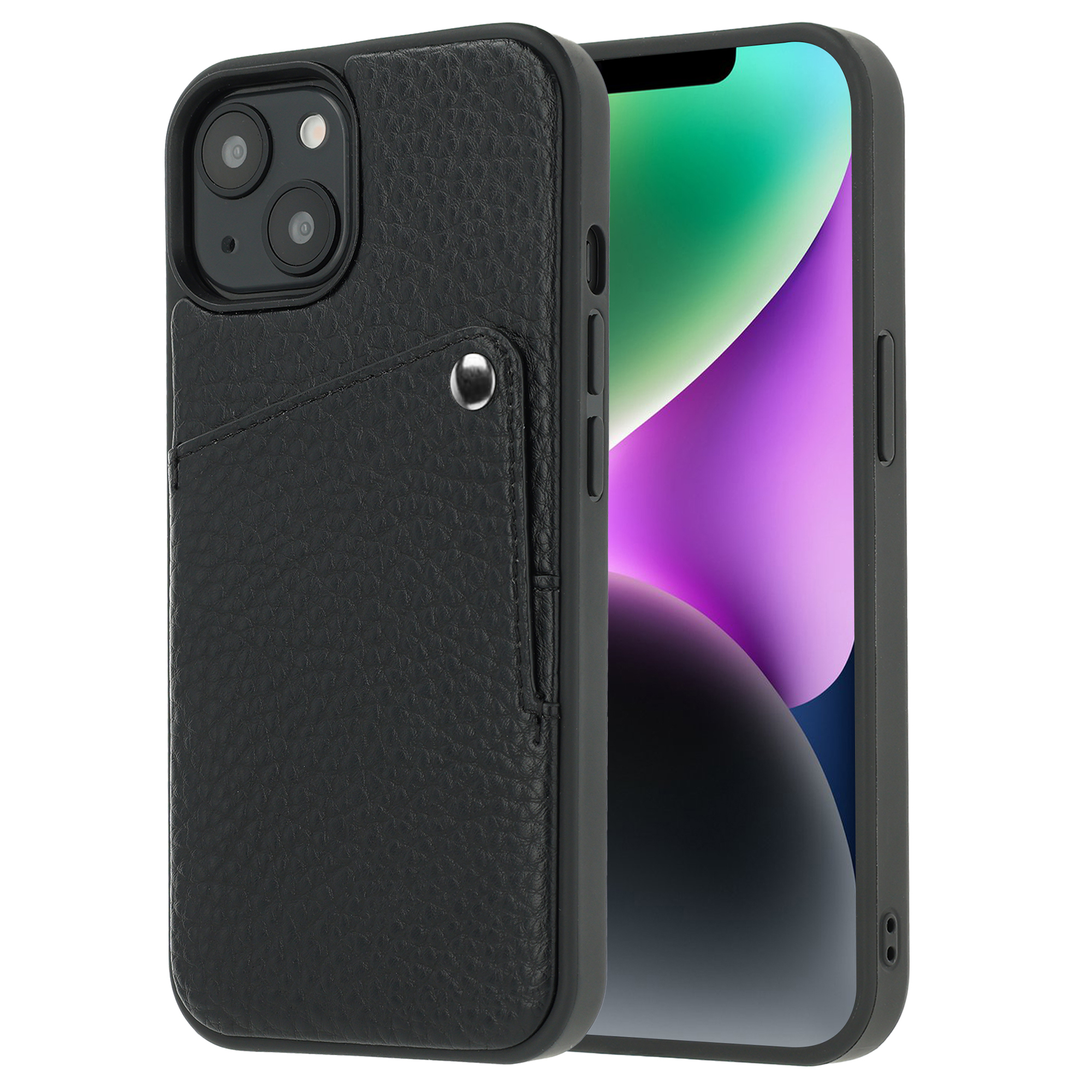 Zwarte telefoonhoes met textuur en kaartsleuf, naast een smartphone met kleurrijk scherm.