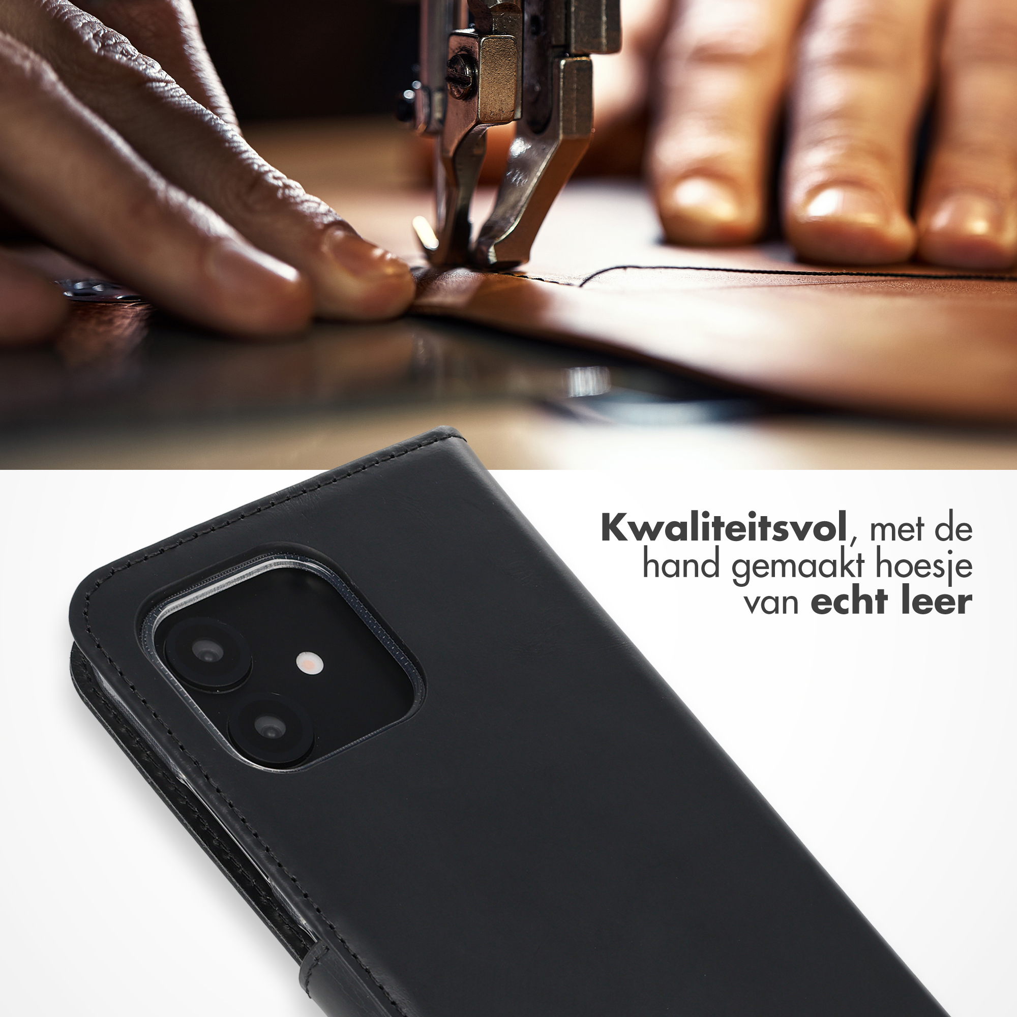 Close-up van een naaimachine die leer stikt voor een telefoonhoesje.