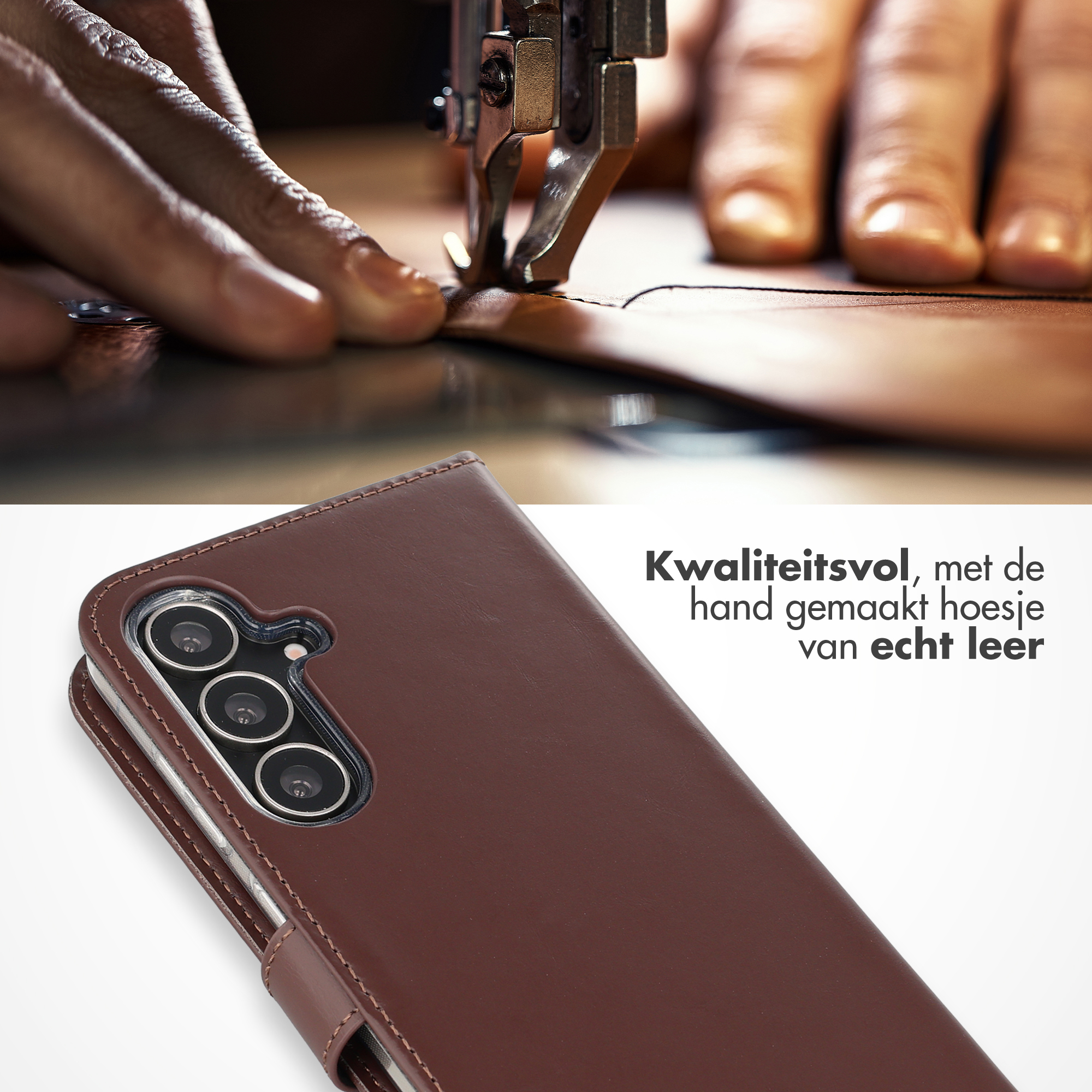 Handen naaien leer met naaimachine. Bruine lederen telefoonhoes ernaast.