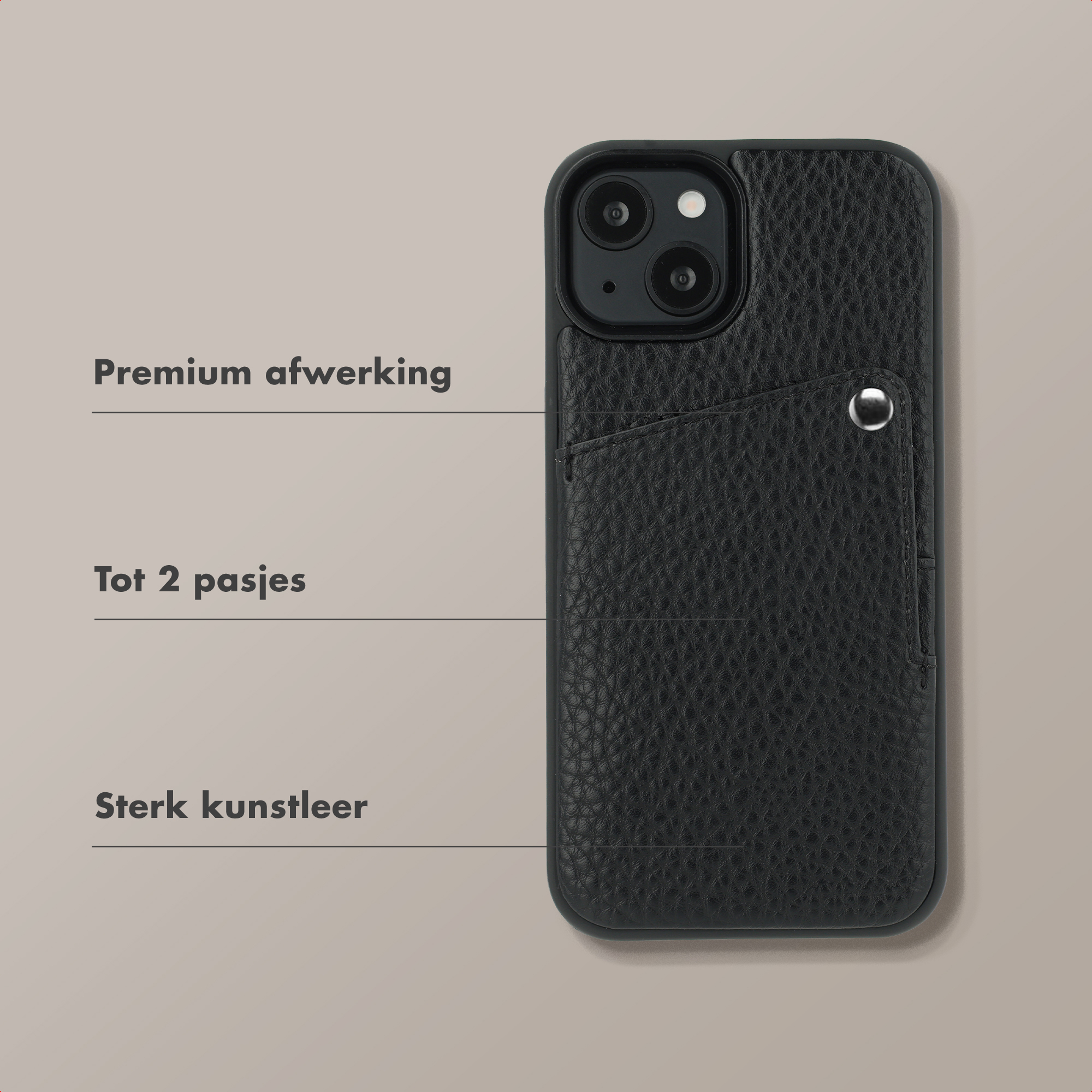 Zwarte kunstleren telefoonhoes met kaarthouders, premium afwerking.