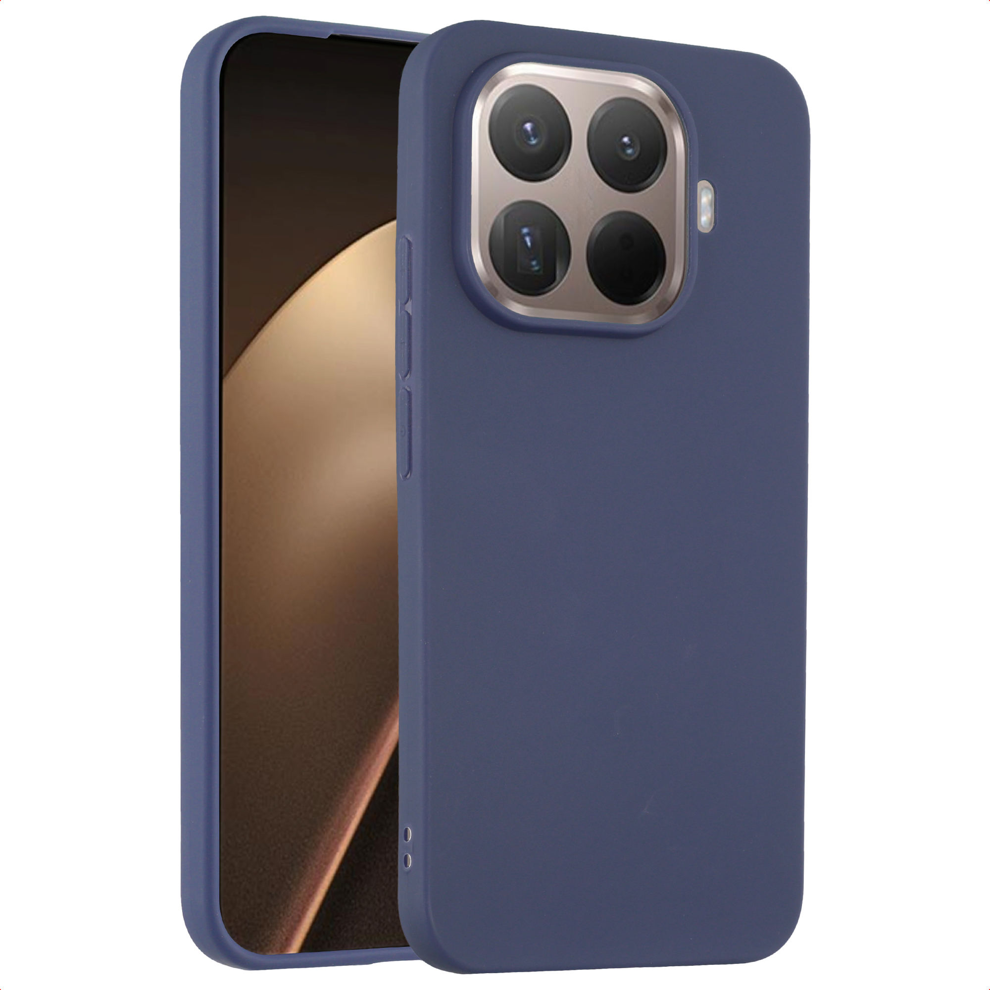 Coque de téléphone bleu foncé avec appareil photo quadruple à l'arrière, fond blanc.