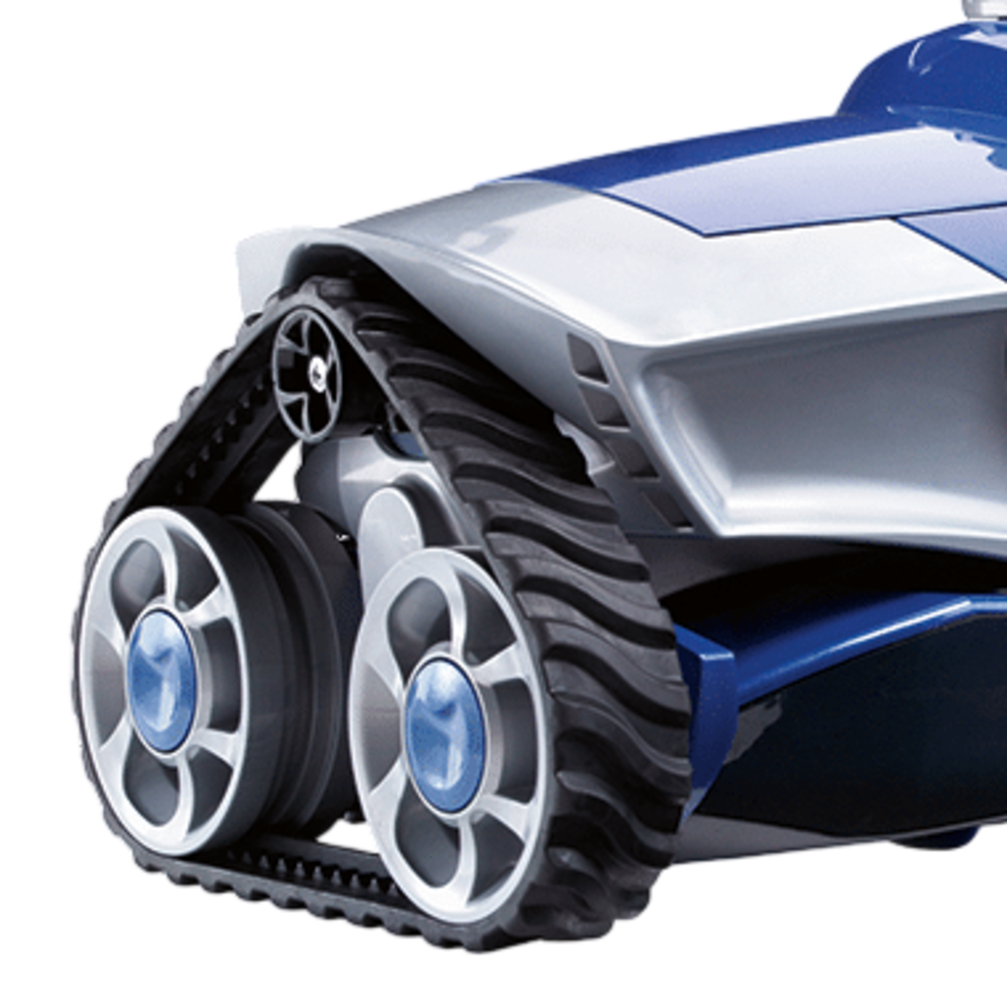 Nahaufnahme der Ketten und Räder eines blauen und silbernen Roboter-Poolreinigers.