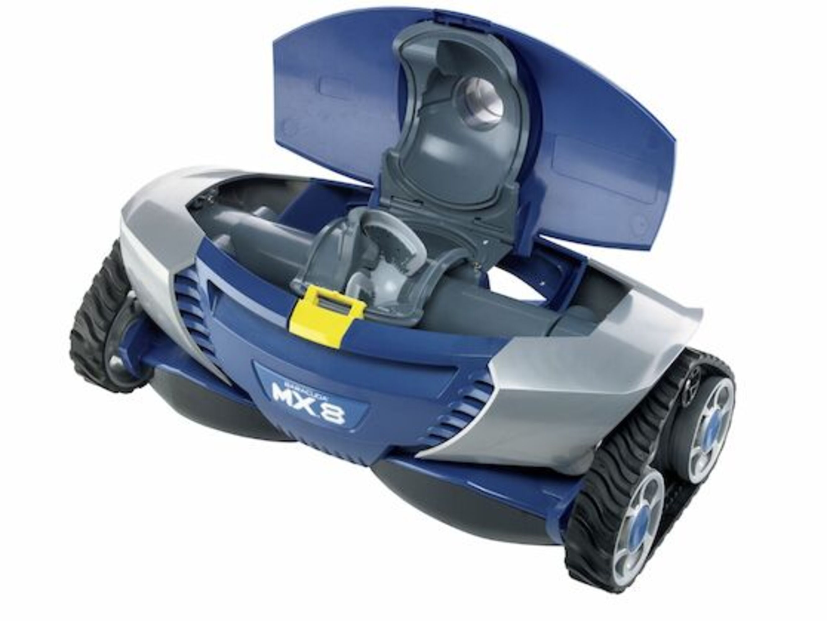 Ein blauer und silberner Poolroboter mit Ketten fährt nach rechts. Ein gelber Griff ist sichtbar.