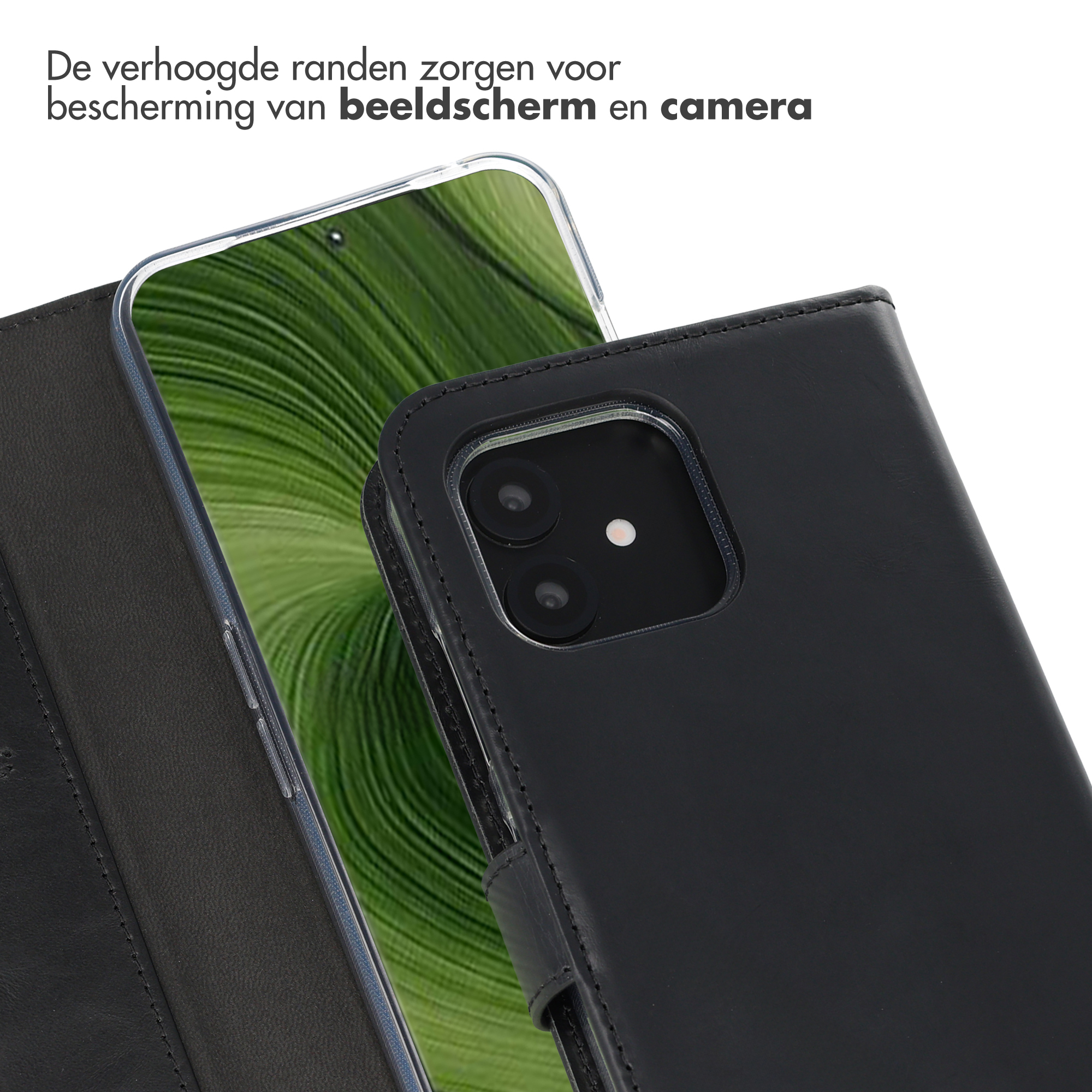 Zwart telefoonhoesje met camera-uitsparing en scherm.
