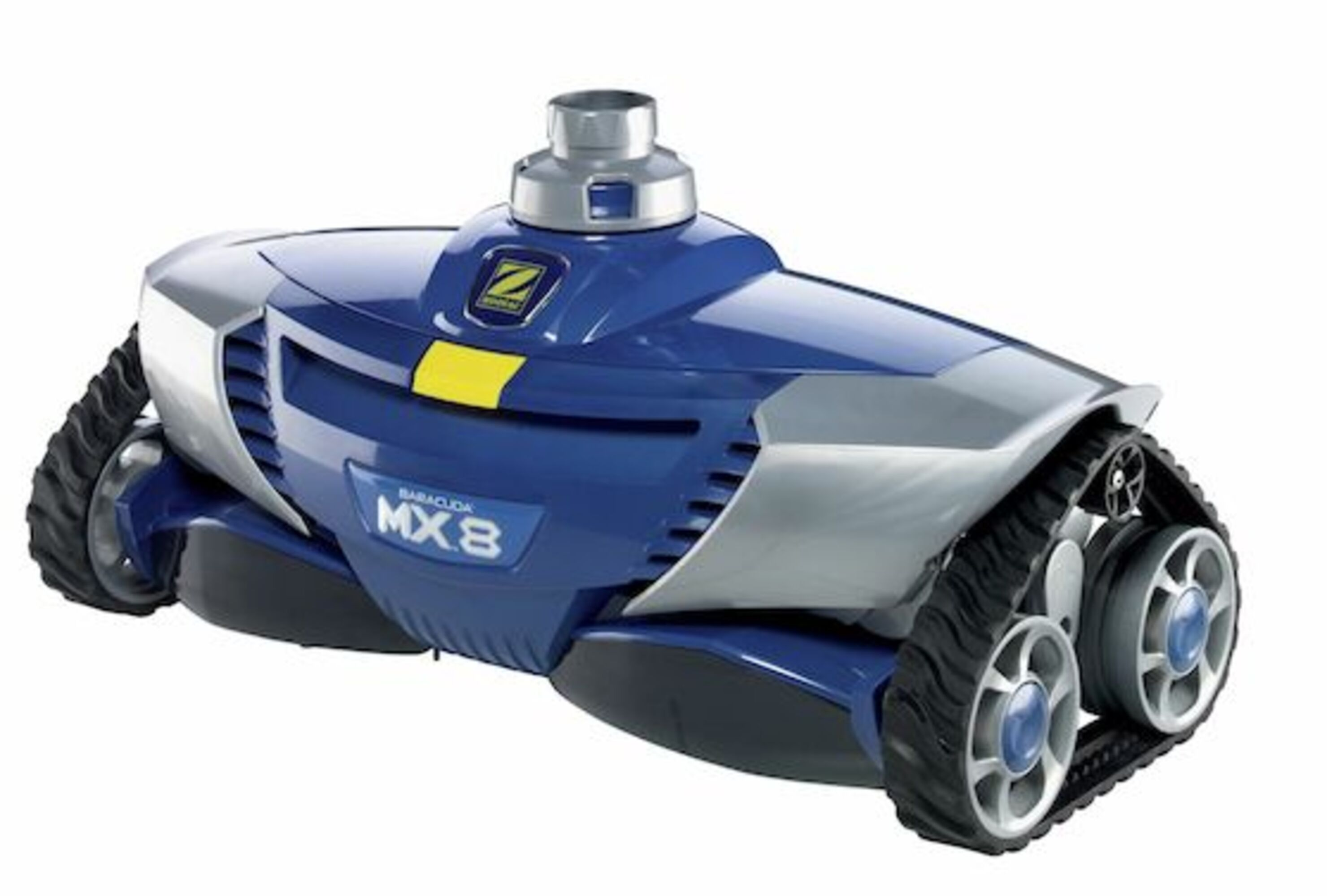 Ein blau-silberner Roboter-Poolreiniger mit Ketten und Rädern auf weißem Hintergrund.
