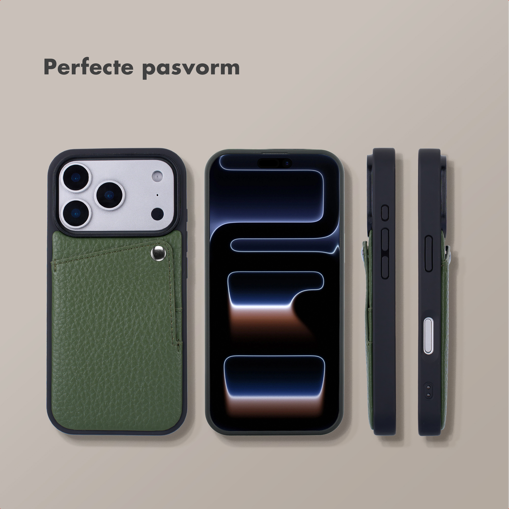 Coque de téléphone verte avec porte-cartes, à côté un smartphone et sa vue latérale.