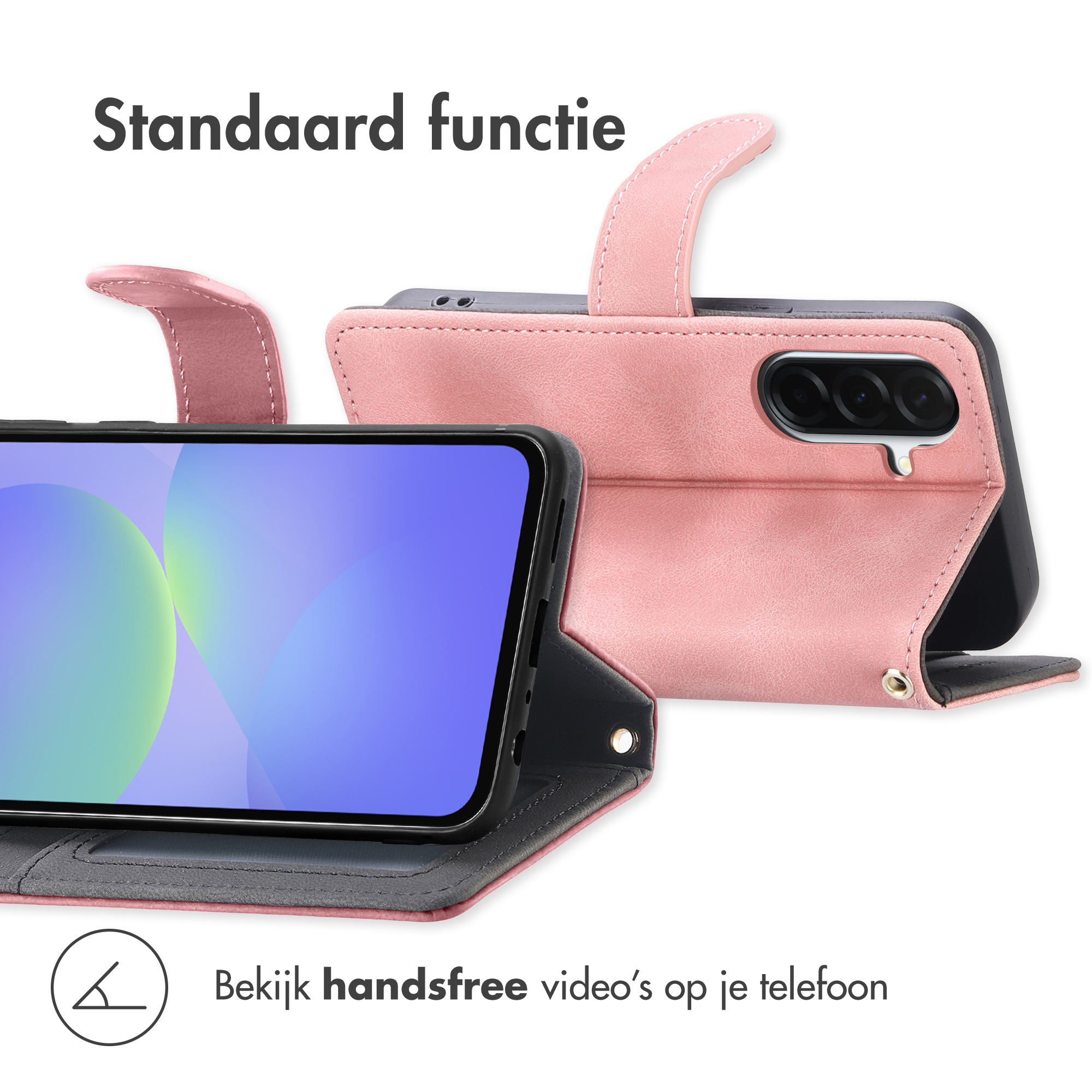 Een roze telefoonhoes met standaardfunctie en telefooncamera.
