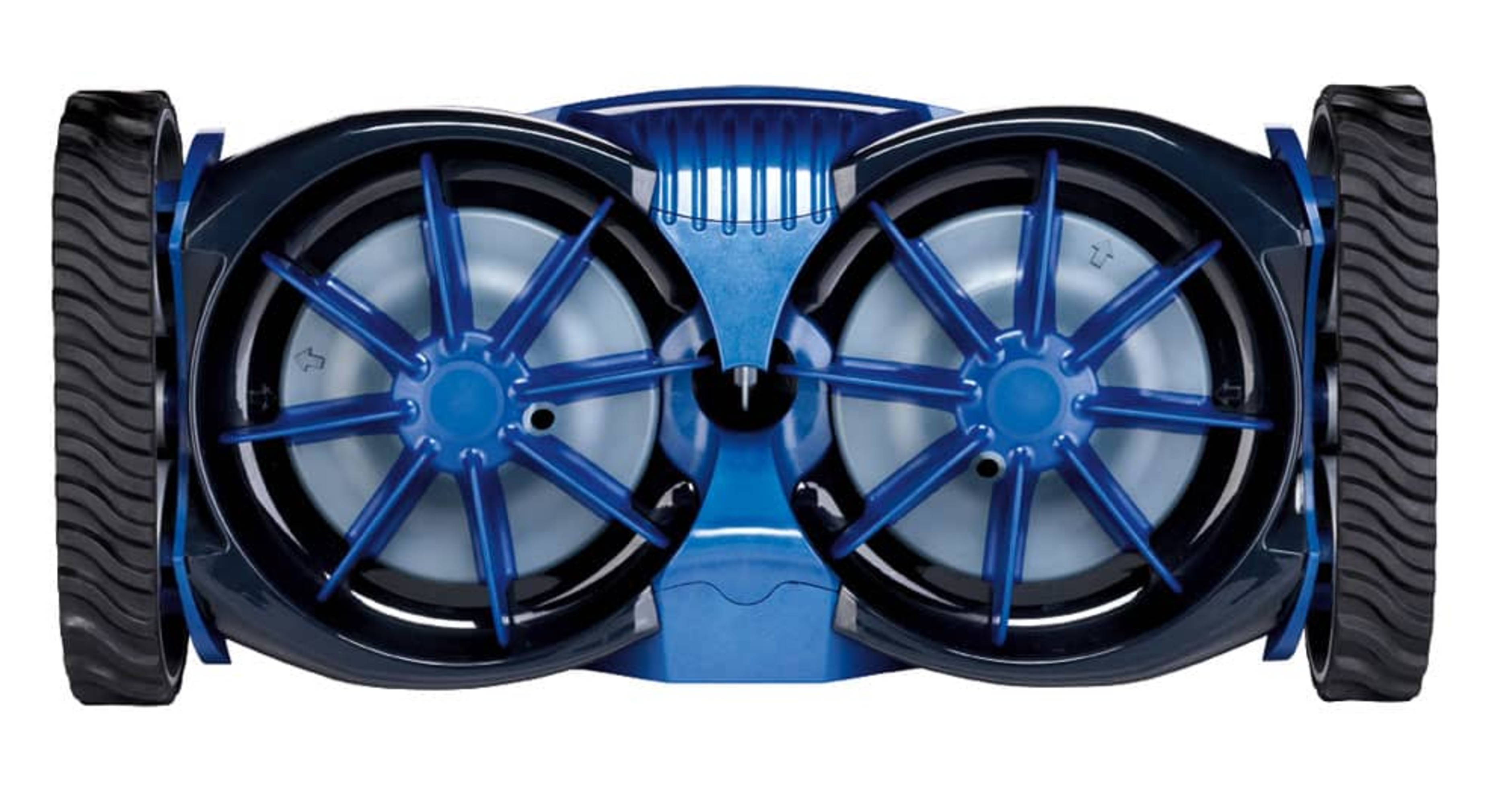 Draufsicht eines blauen und schwarzen Roboter-Poolreinigers mit zwei großen Vorderrädern.