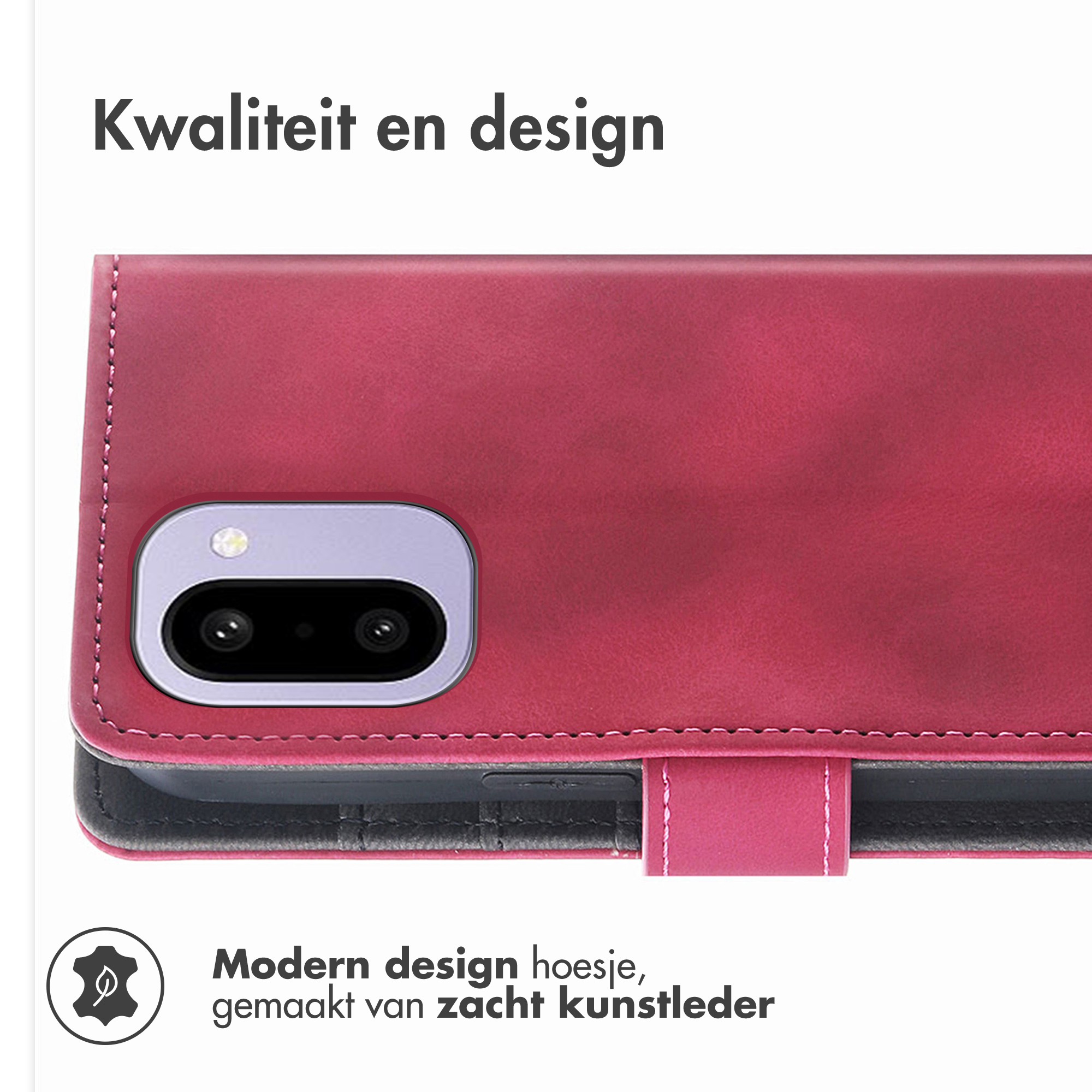 Rode telefoonhoes met cameragat en stiksels. "Kwaliteit en design".