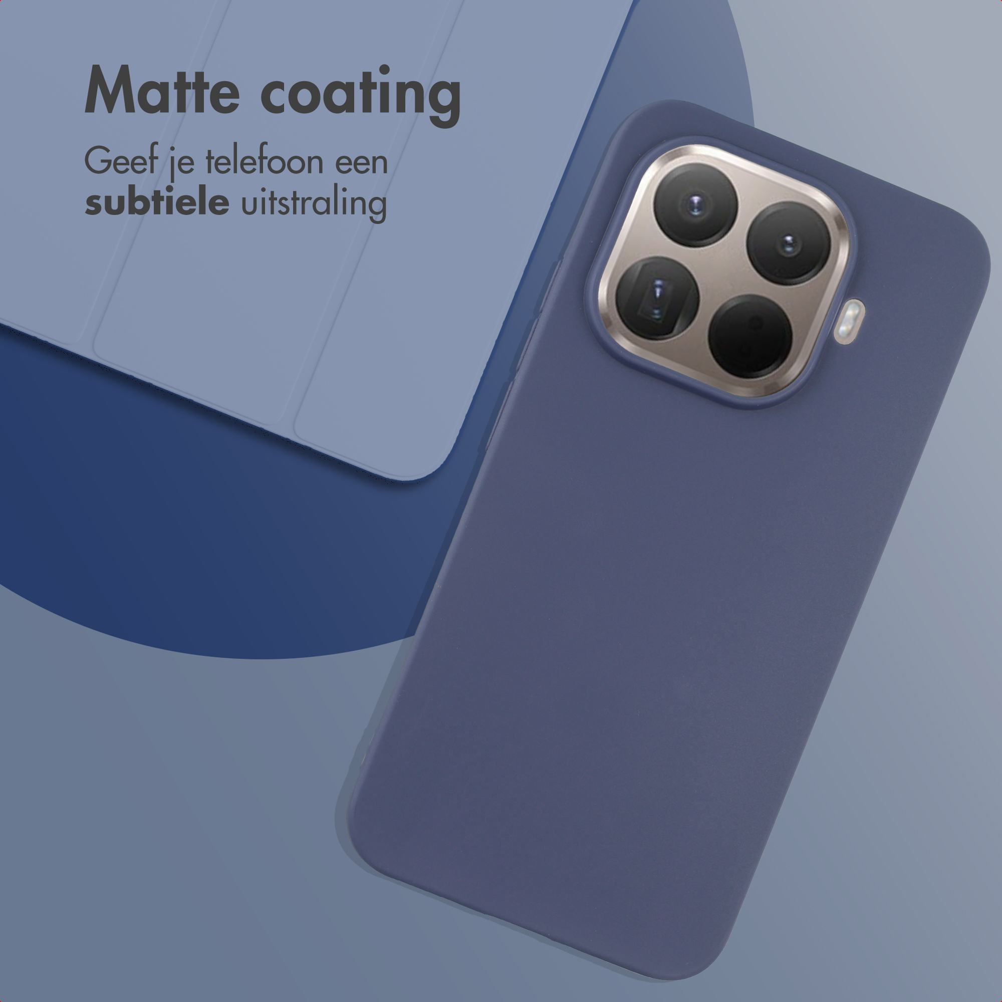 Coque de téléphone bleu foncé avec objectifs de caméra sur fond gris.