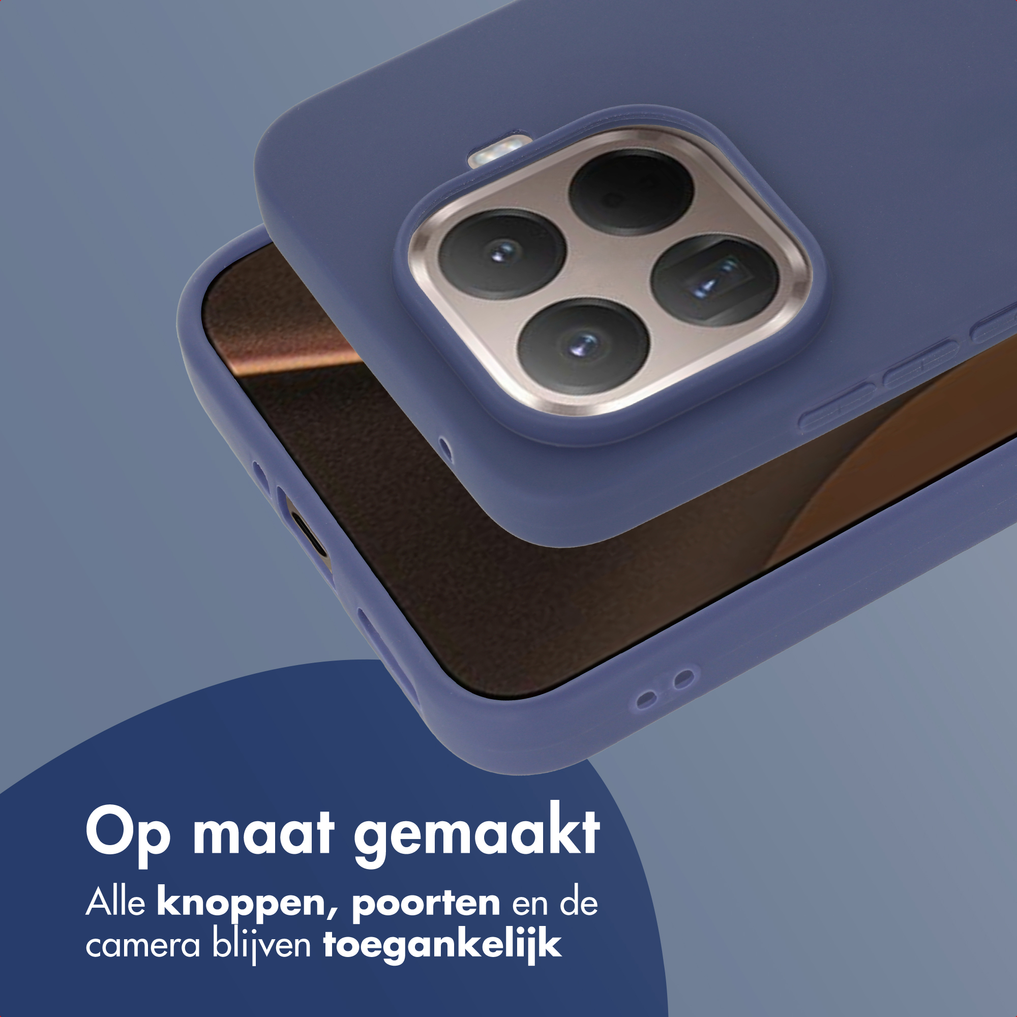 Une coque de téléphone violette avec découpe pour appareil photo est montrée, avec du texte en dessous.