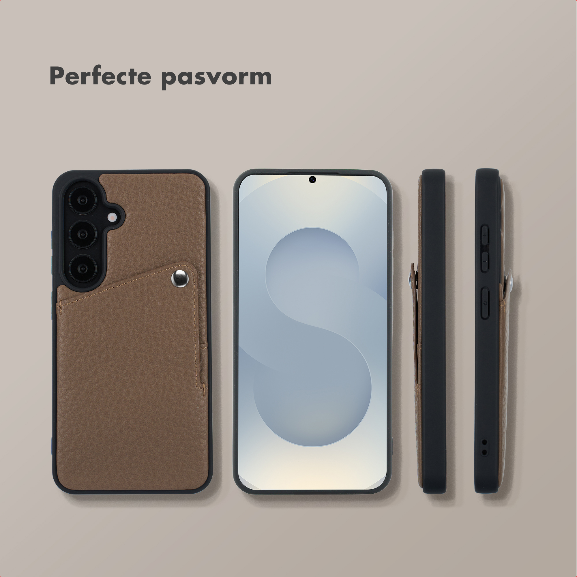Coque de téléphone avec porte-cartes, vues avant, latérale et arrière. Texte: Ajustement parfait.