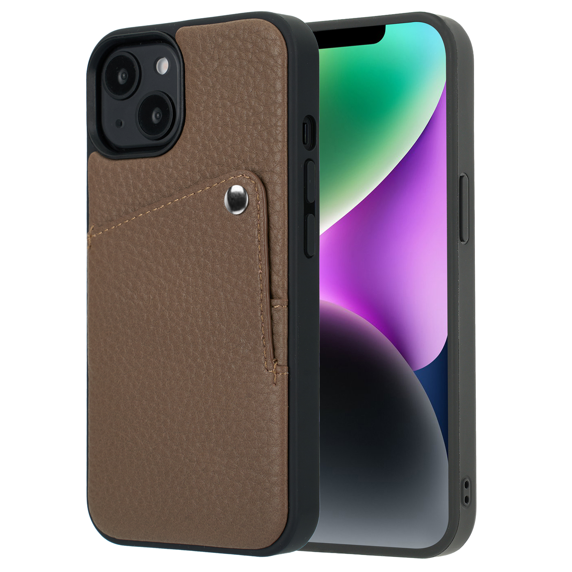 Étui iPhone en cuir marron avec porte-cartes et découpe double caméra, sur fond blanc.