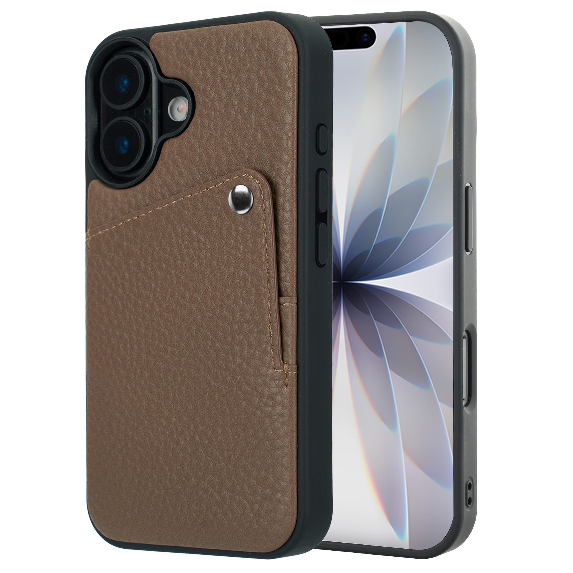 Étui en cuir marron avec cache-objectif à côté d'un smartphone sur fond clair.