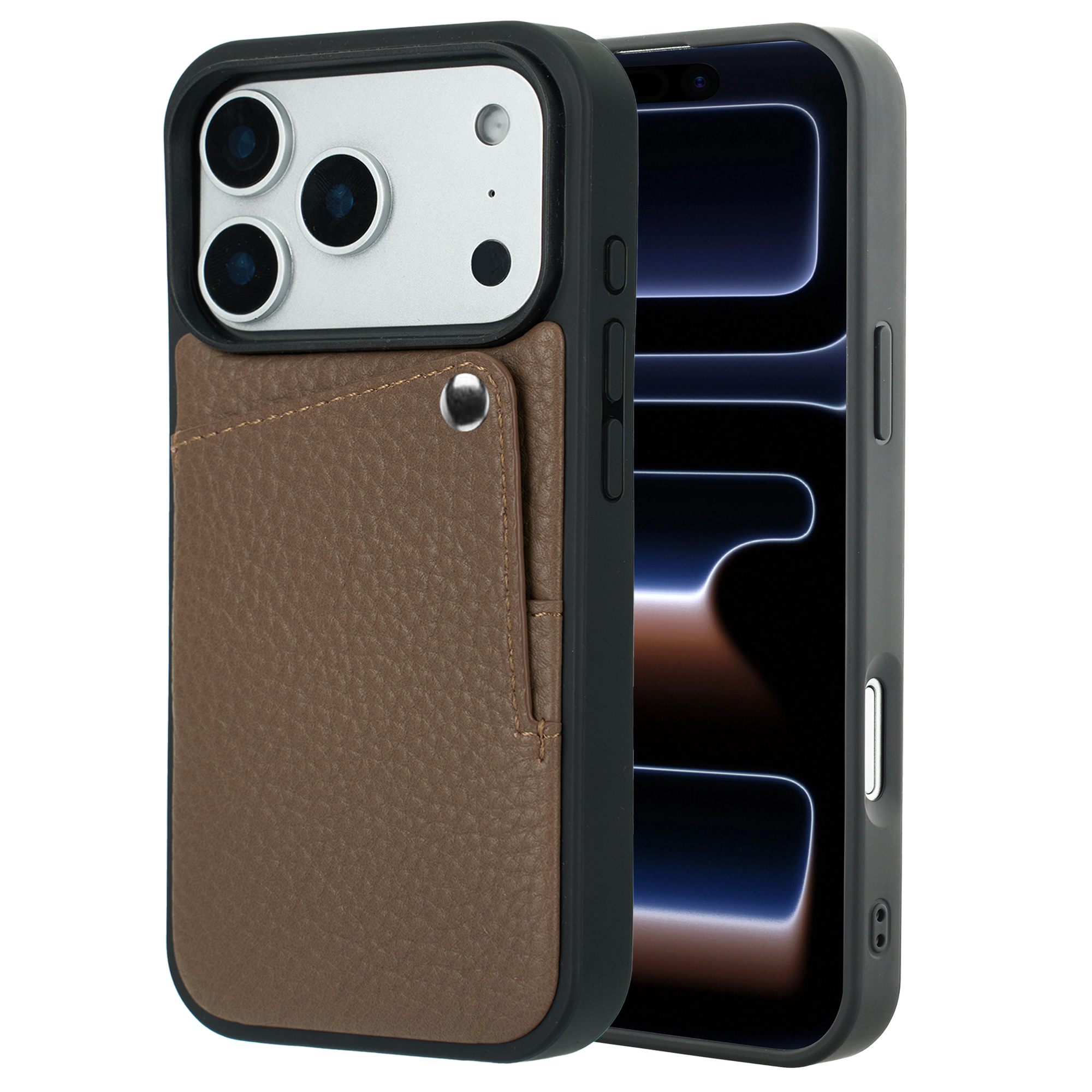 Une coque de téléphone en cuir marron avec un emplacement pour carte est présentée sur un smartphone noir.