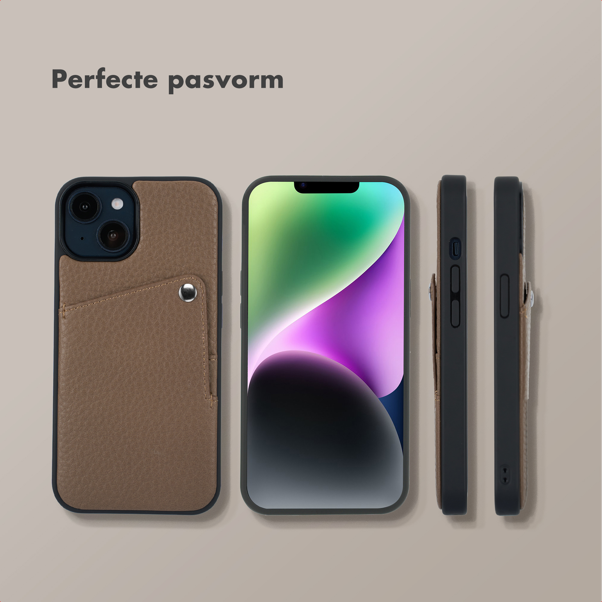 Étui de téléphone en cuir marron avec porte-cartes montré sous plusieurs angles à côté d'un iPhone.