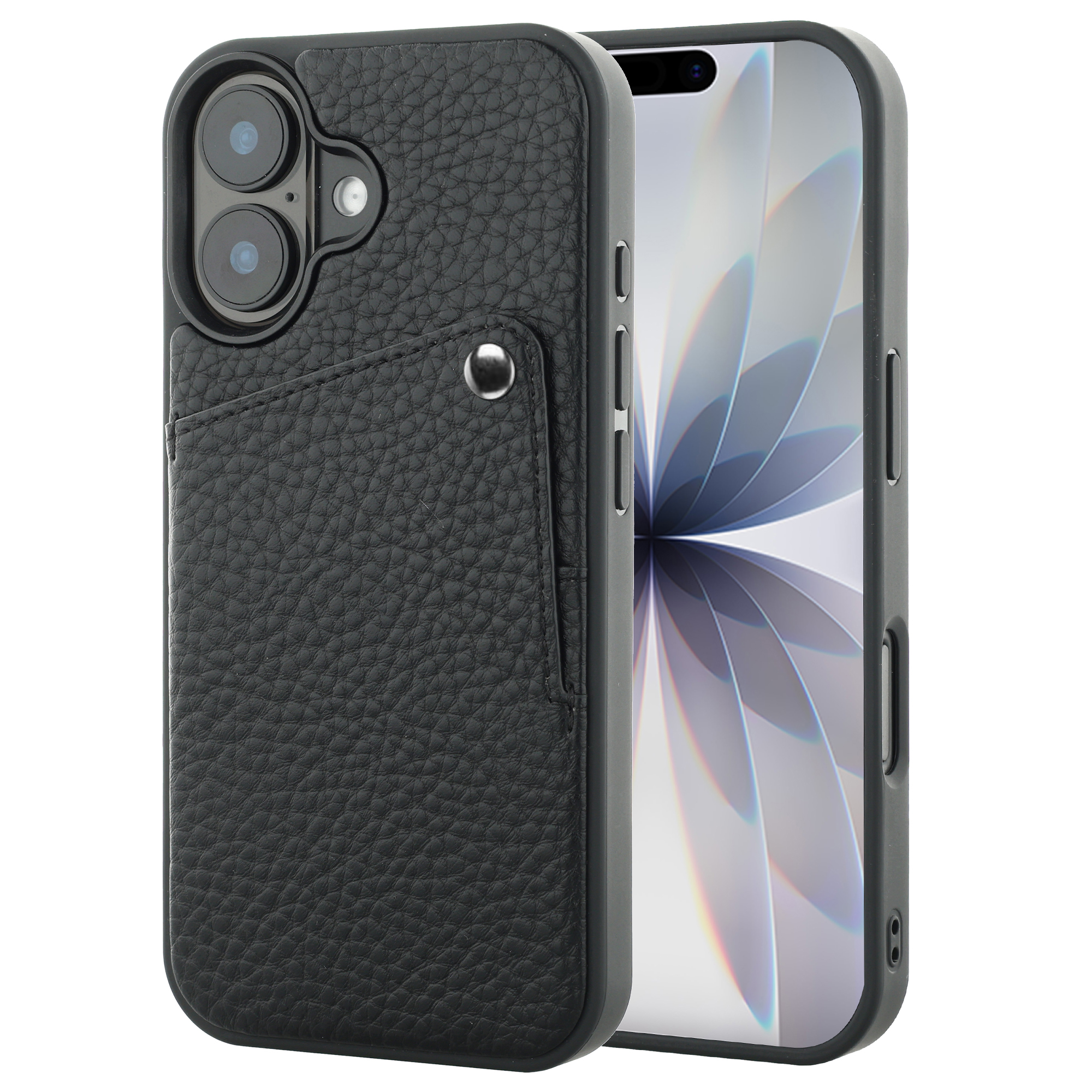 Étui de téléphone en cuir noir avec fente pour carte et deux objectifs de caméra arrière.