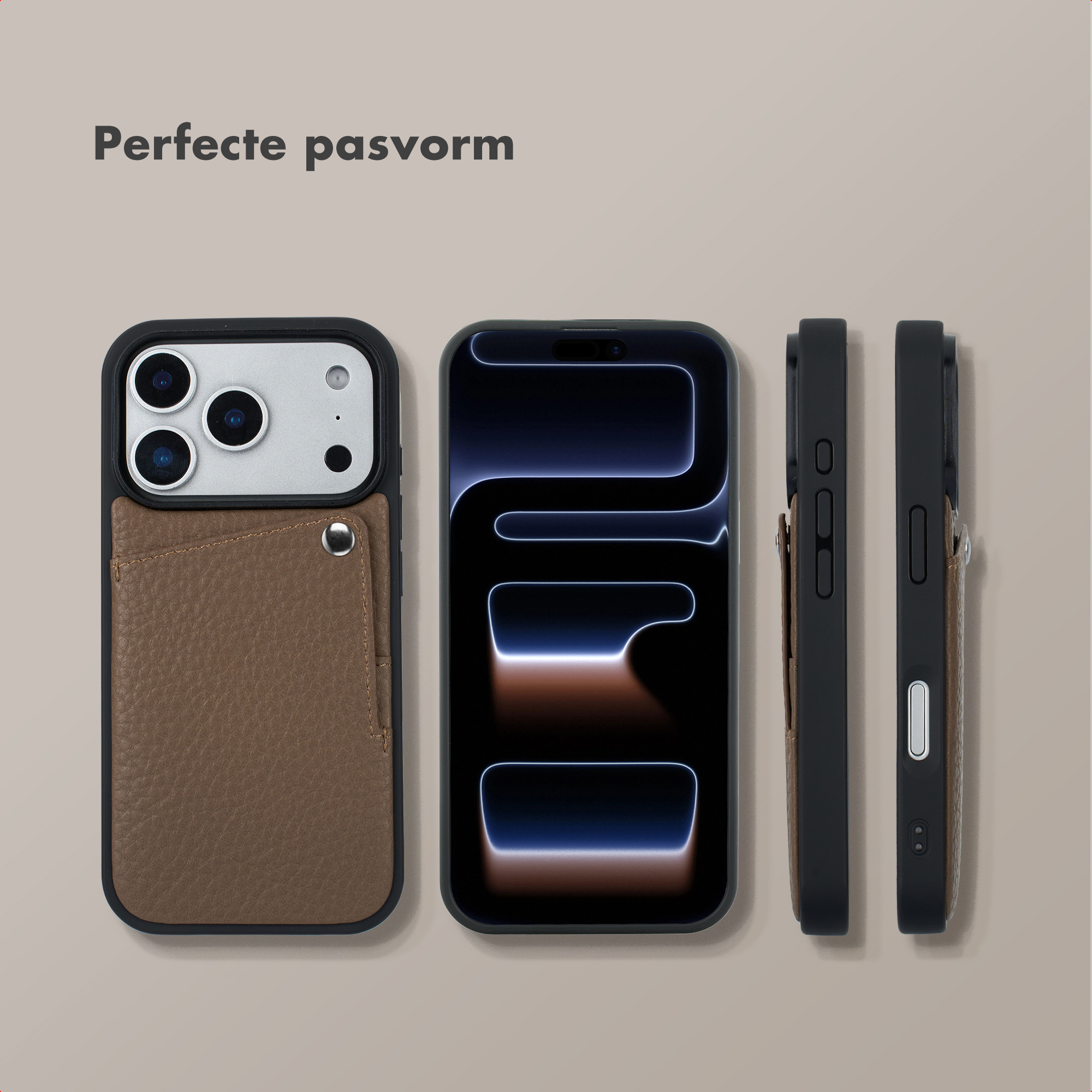 Coque de téléphone avec porte-cartes au dos, vue avant du téléphone et vues latérales.