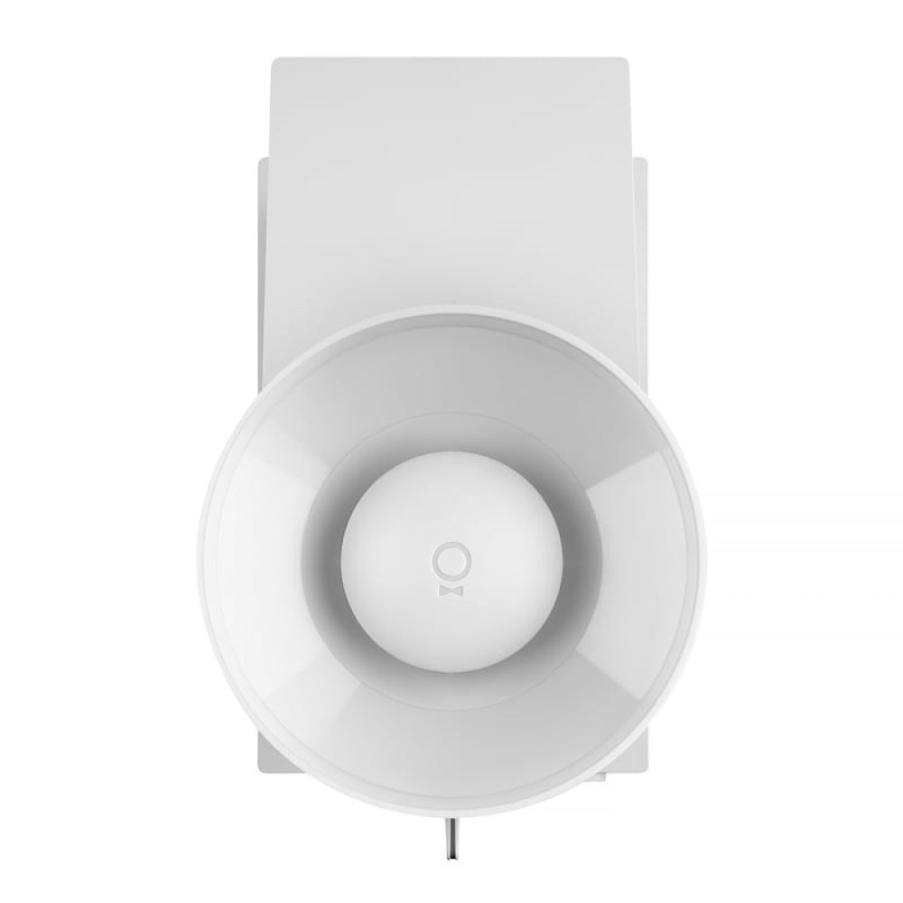 Biała syrena z okrągłym głośnikiem i prostokątną podstawą jest pokazana z góry.