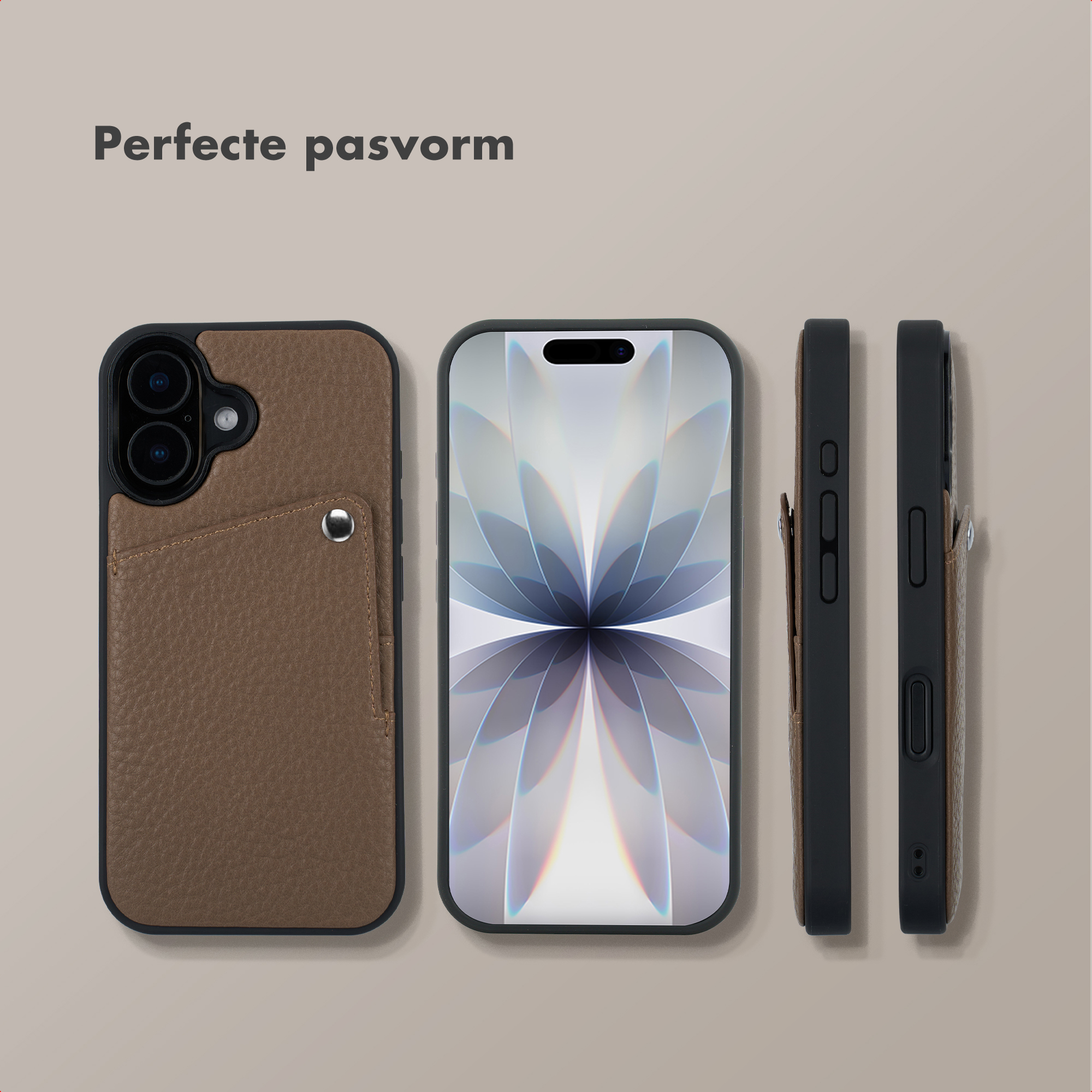 Étui de téléphone en cuir marron avec fente pour carte, vu avec téléphone et vues latérales.