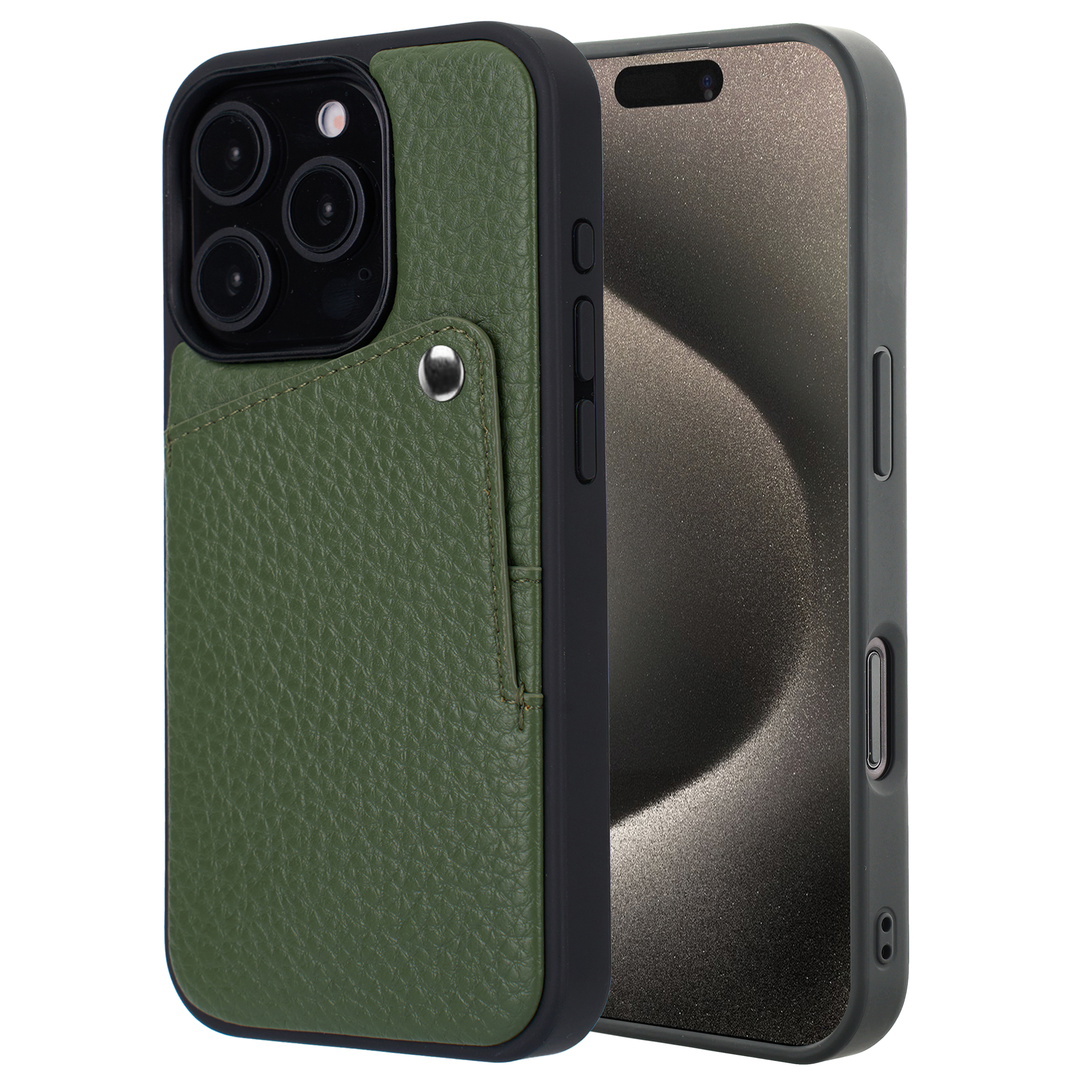 Étui de téléphone en cuir texturé vert avec fente pour carte, à côté d'un téléphone sombre.