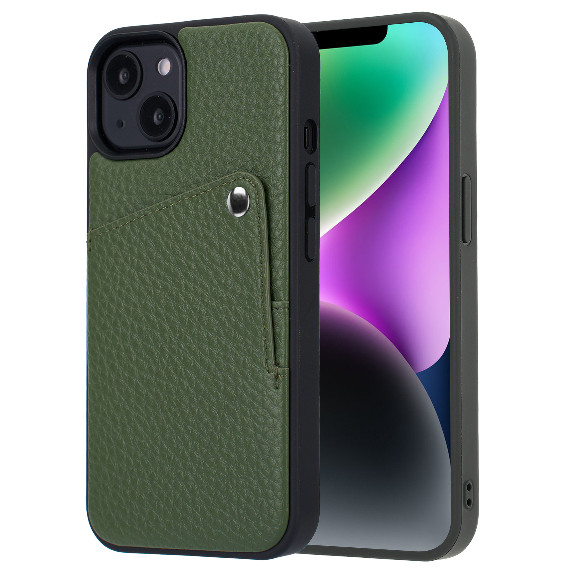 Étui vert en cuir pour iPhone avec fente pour carte et découpe double caméra.